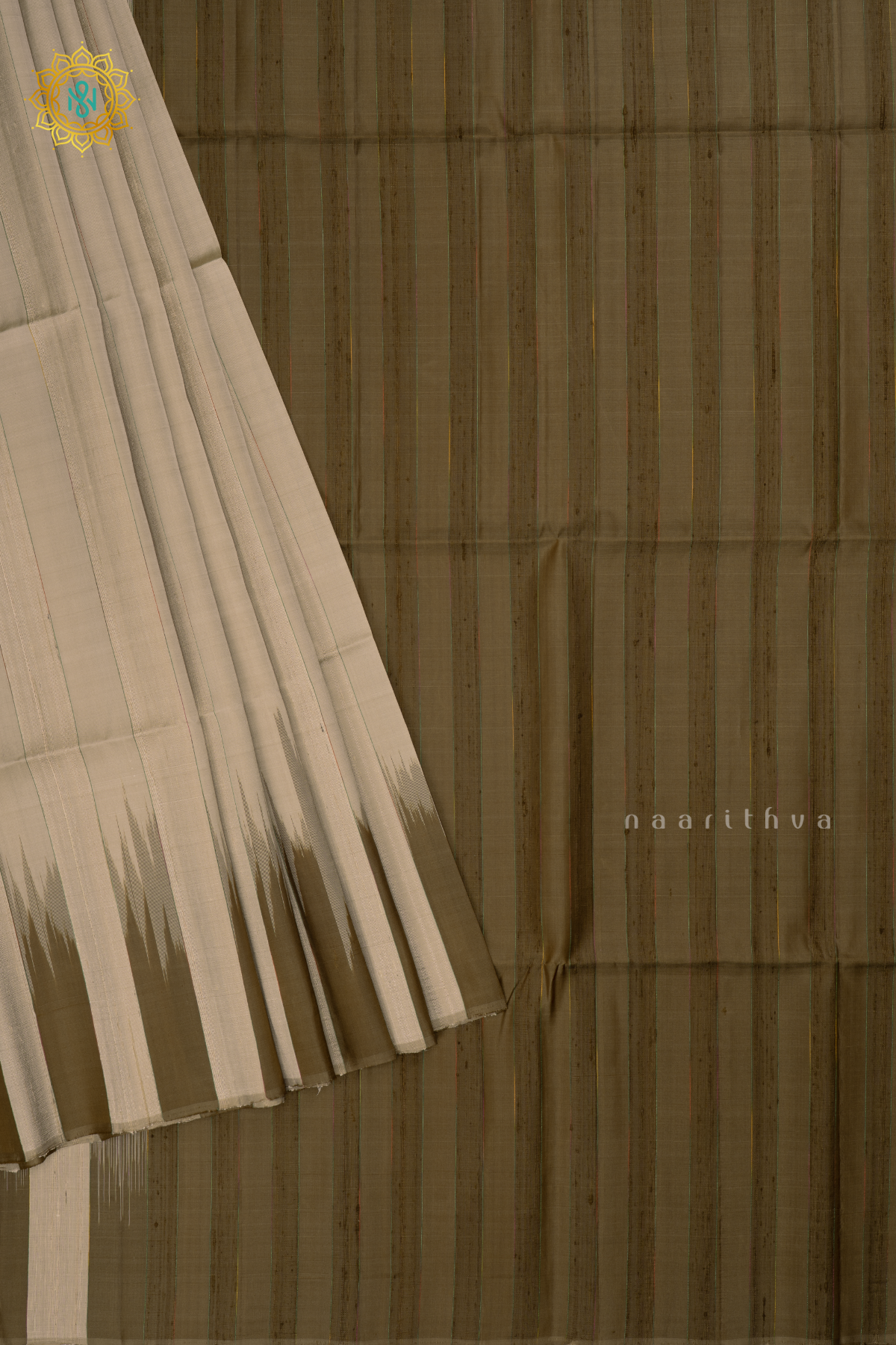 Off White with Light Brown Pure Kanjivaram Soft Silk Saree With Plain Body And Contrast Temple Rising Border, Pallu