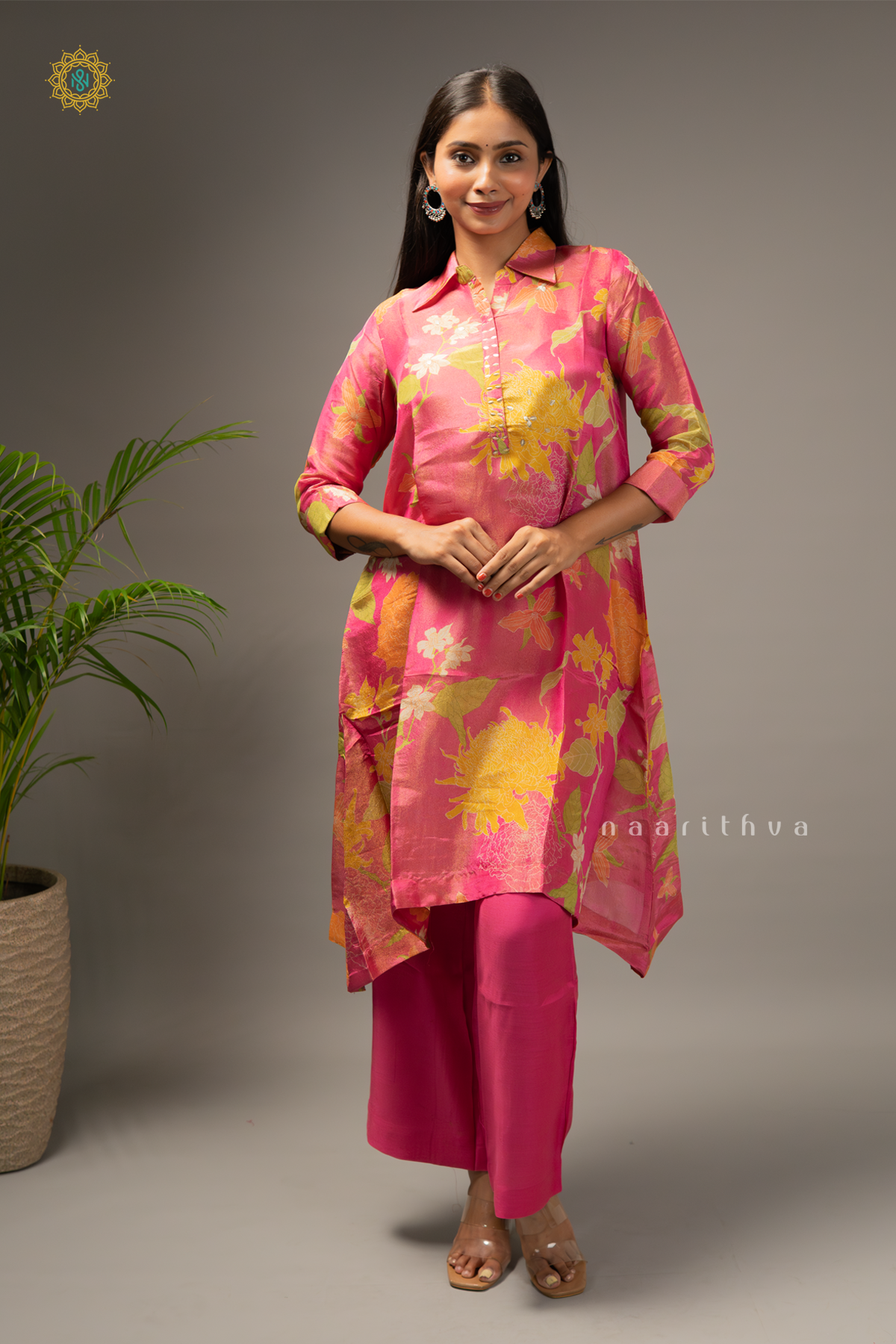 PINK - TISSUE 2PC CO-ORD SET WITH FLORAL PRINTED TOP