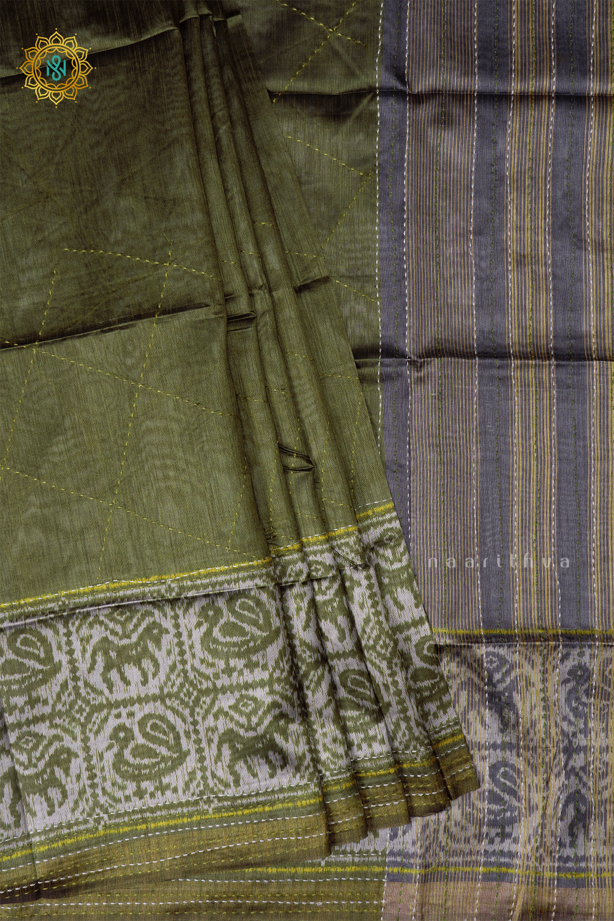 Olive Green With Beige Semi Tussar Silk Saree With Ikkat Print Border
