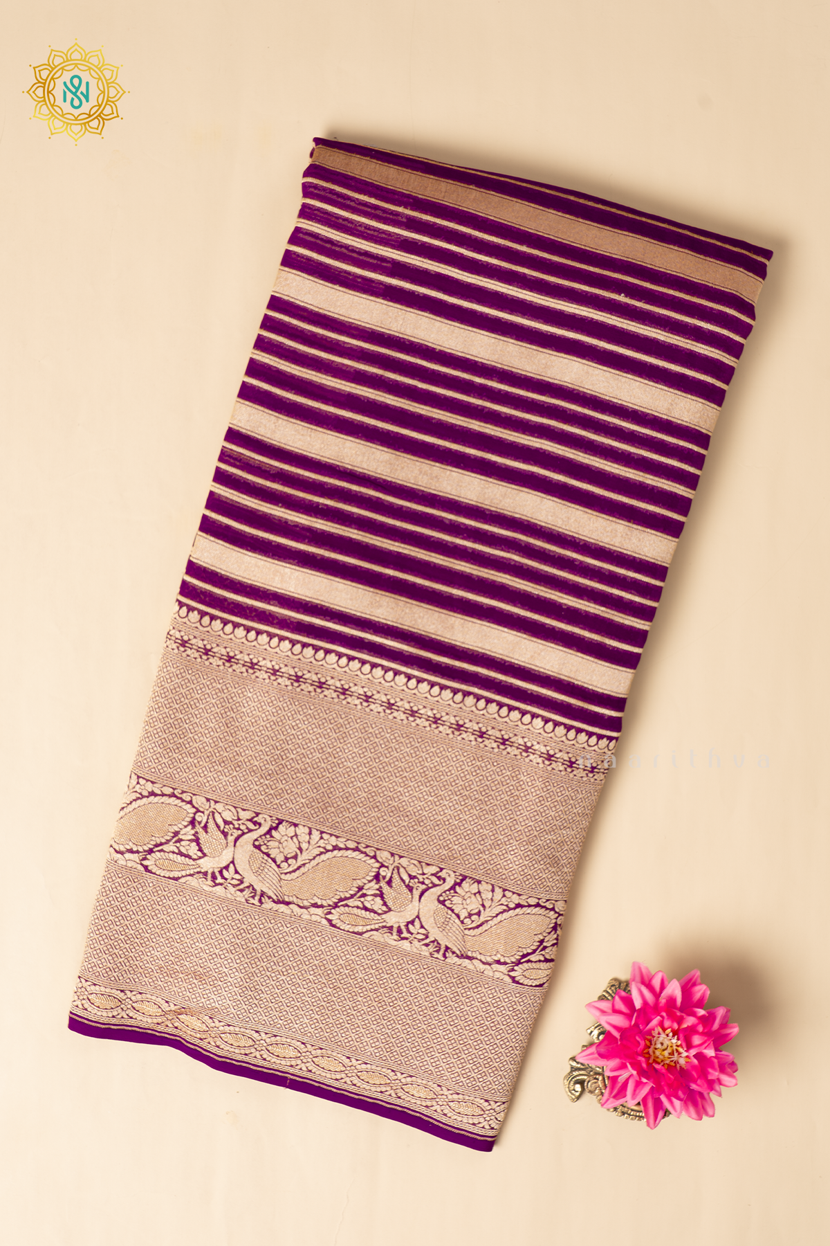Wine Pure Banarasi Khaddi Georgette Allover Antique Zari Stripes On The Body With Contrast Zari Border & Pallu