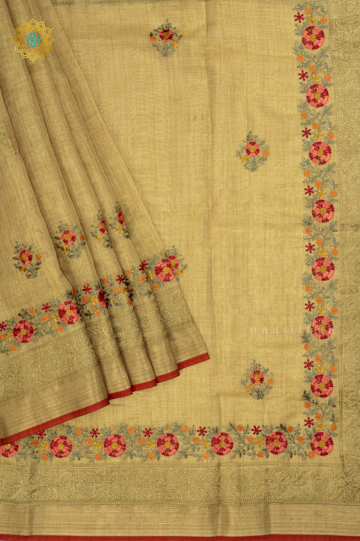 Yellow - Linen Tissue Saree Allover Thread Work Buttas with Tissue Border