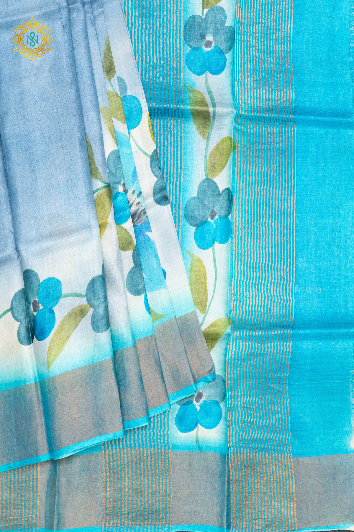 AQUA BLUE WITH SKY BLUE - PURE TUSSAR SILK WITH HAND PAINTED