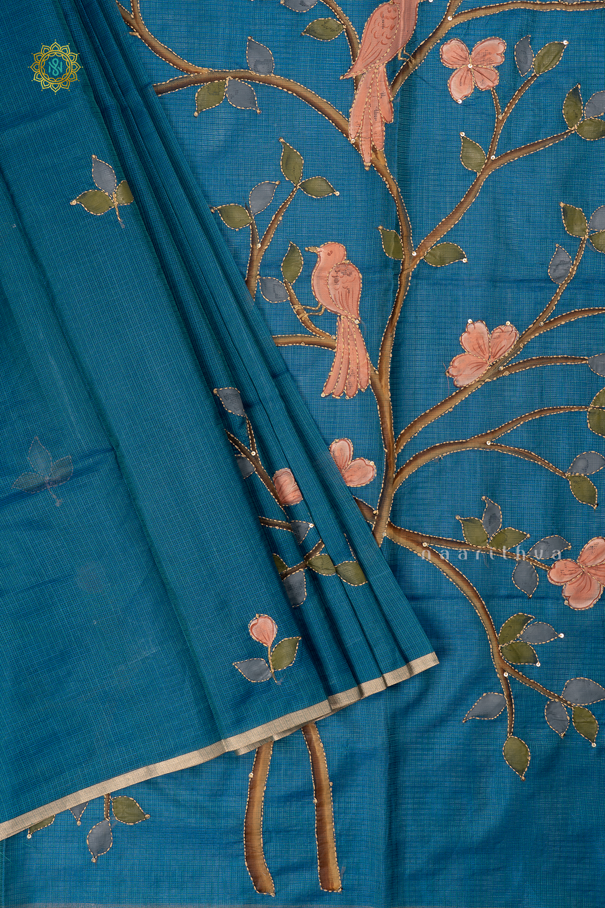 Blue Kota Organza With Hand-Painted And Katha Work On The Body