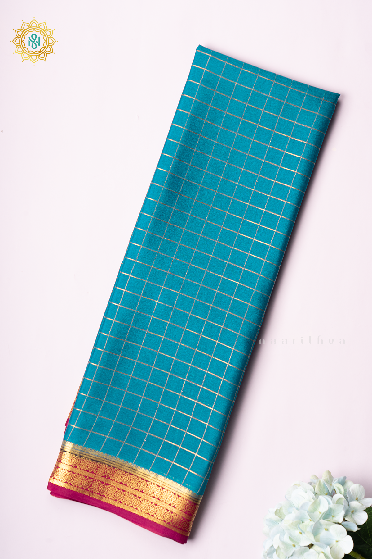 AQUA BLUE WITH PINK - PURE MYSORE CREPE SILK