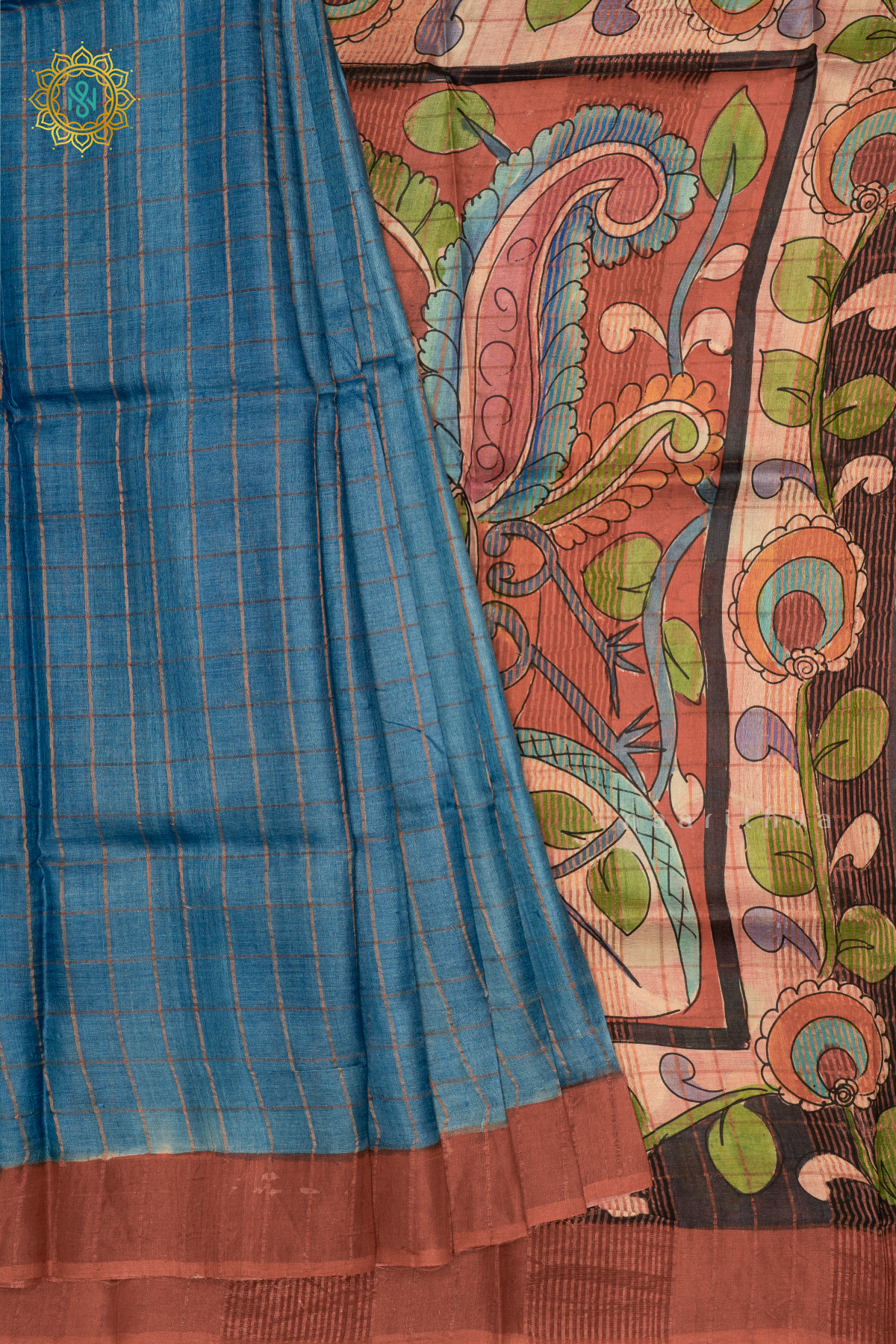 BLUE WITH PEACH - PURE TUSSAR SILK