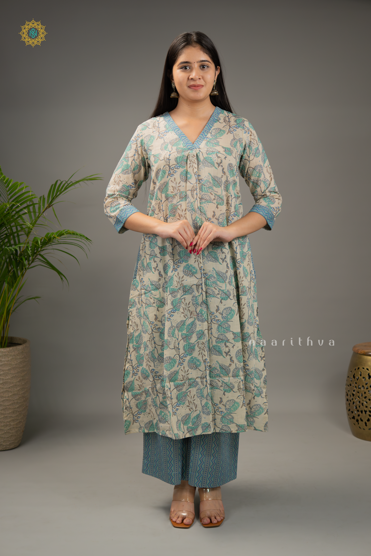 WHITE WITH AQUA GREEN & BLUE - LINEN COTTON 2PC SALWAR SUIT WITH PRINTED TOP & BOTTOM