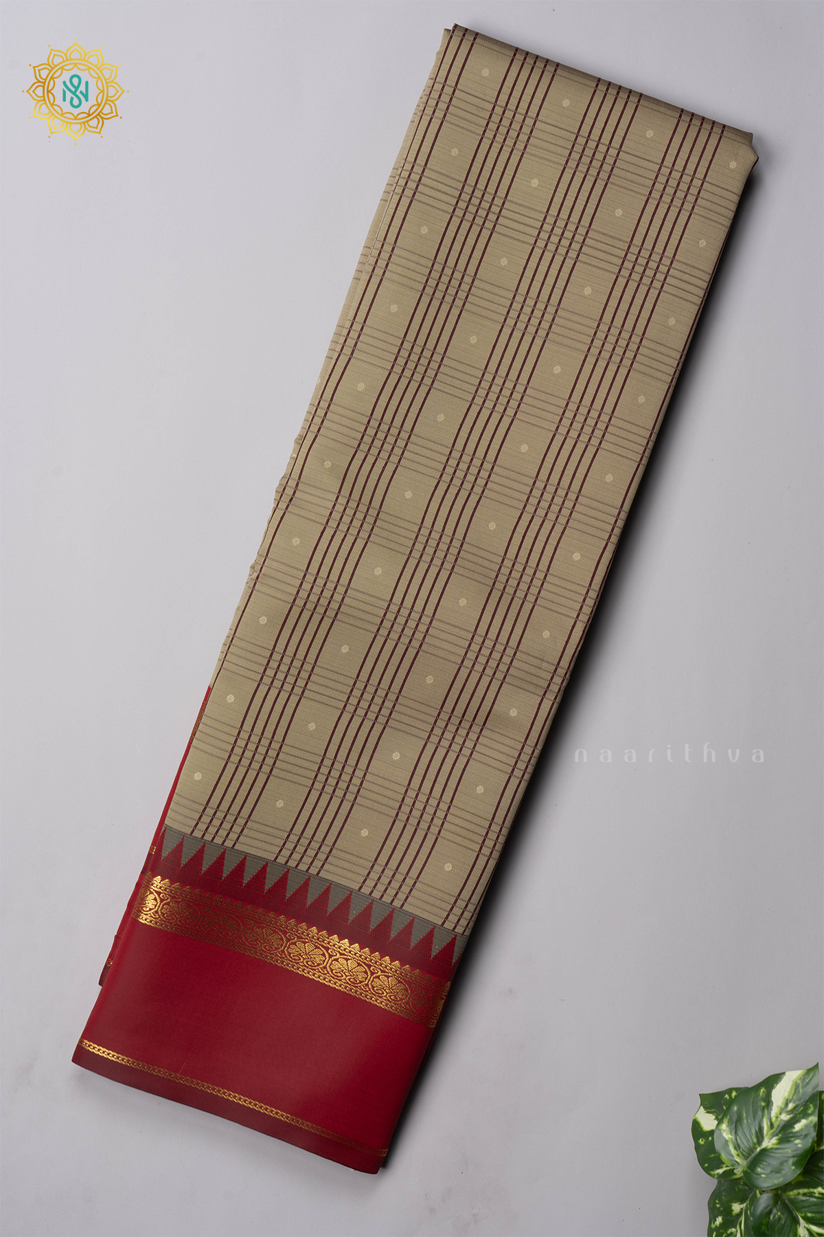 BEIGE WITH RED - SEMI KANCHI