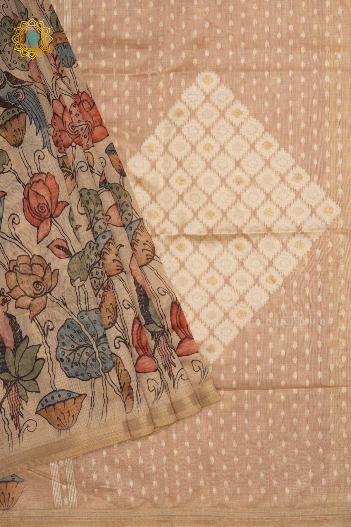 Beige With Light Pink Linen By Cotton Saree With Kalamkari Prints On The Body