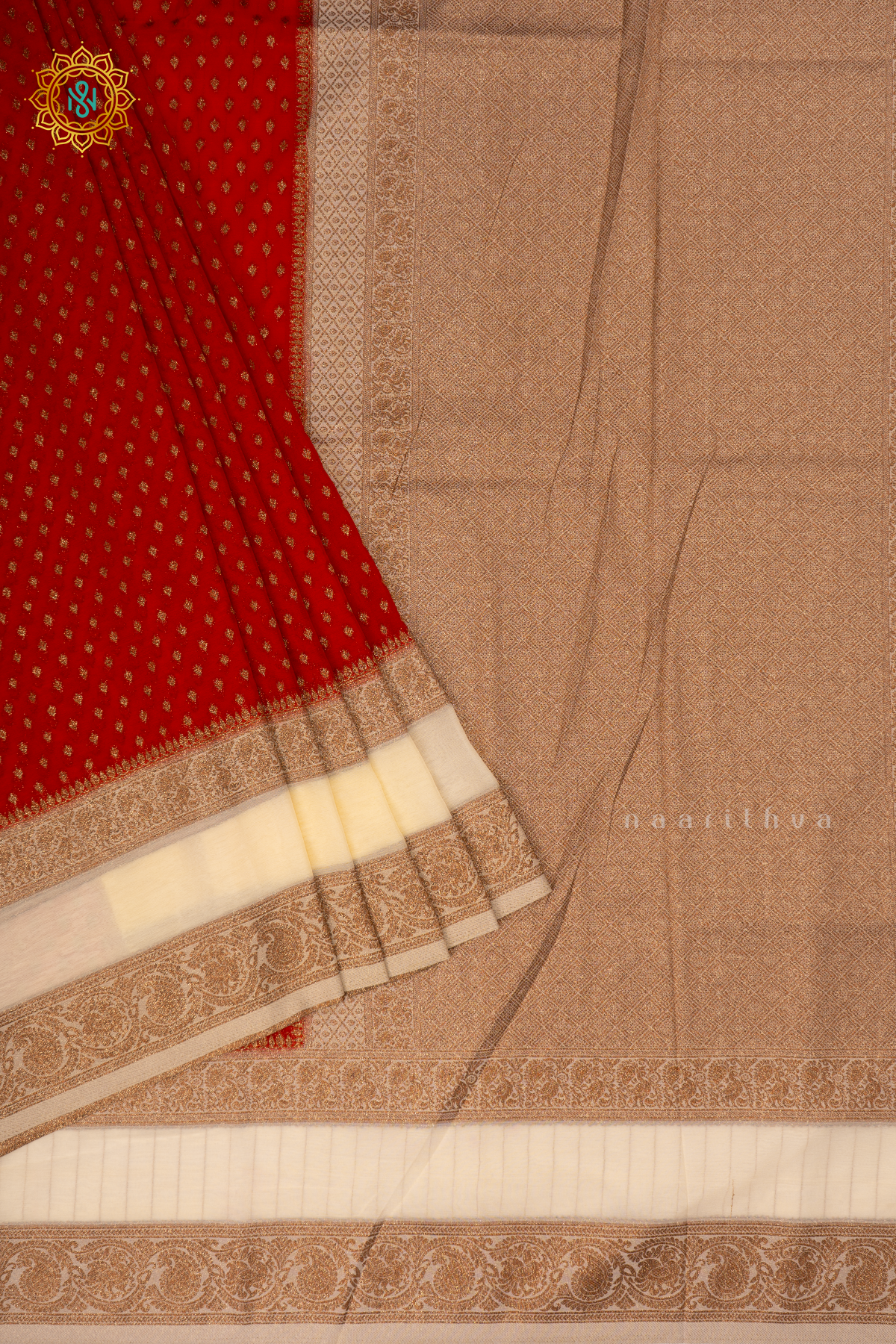 Red With Off White Semi Georgette Saree With Zari Buttas All Over And Contrast Zari Gap Border