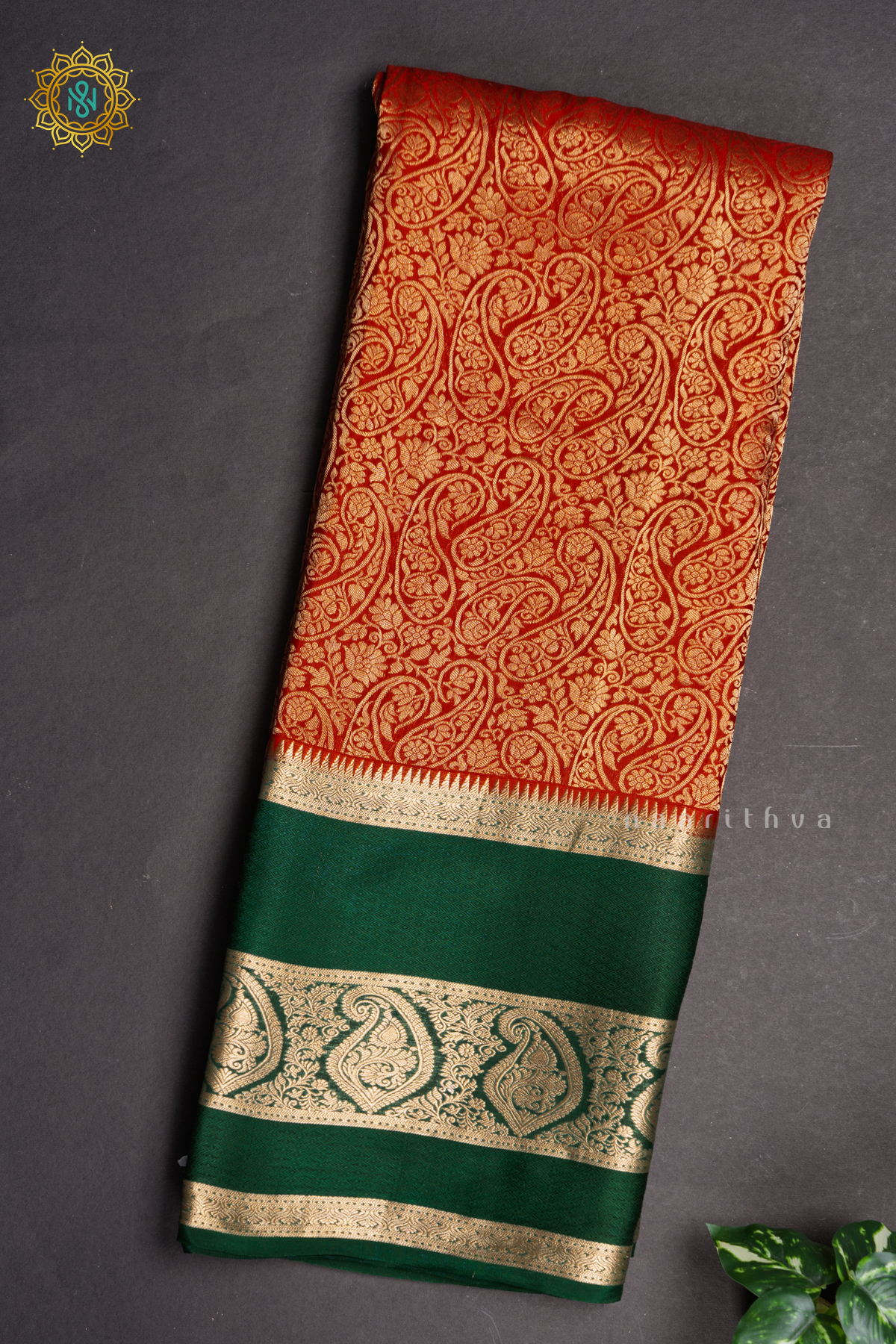 RED WITH GREEN - PURE MYSORE CREPE SILK