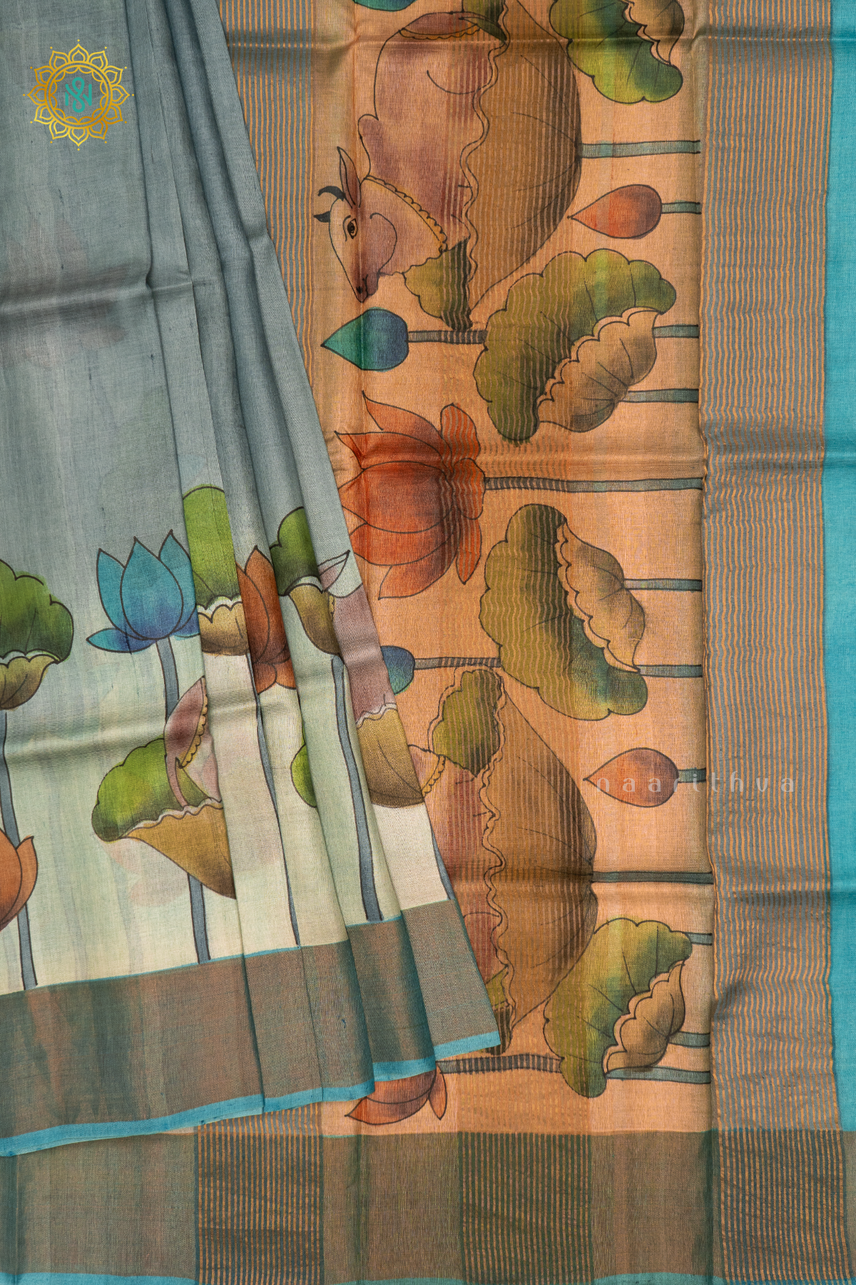 AQUA BLUE WITH SKY BLUE - PURE TUSSAR SILK