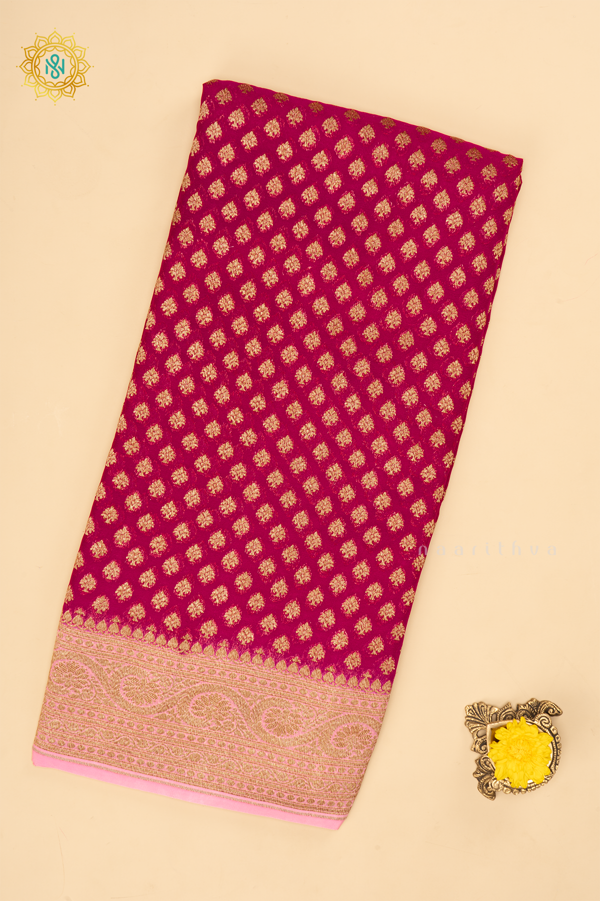 RANI PINK WITH LIGHT PINK - PURE BANARASI KHADDI GEORGETTE SAREE ALLOVER ZARI WOVEN BUTTAS AND CONTRAST ZARI WOVEN BORDER