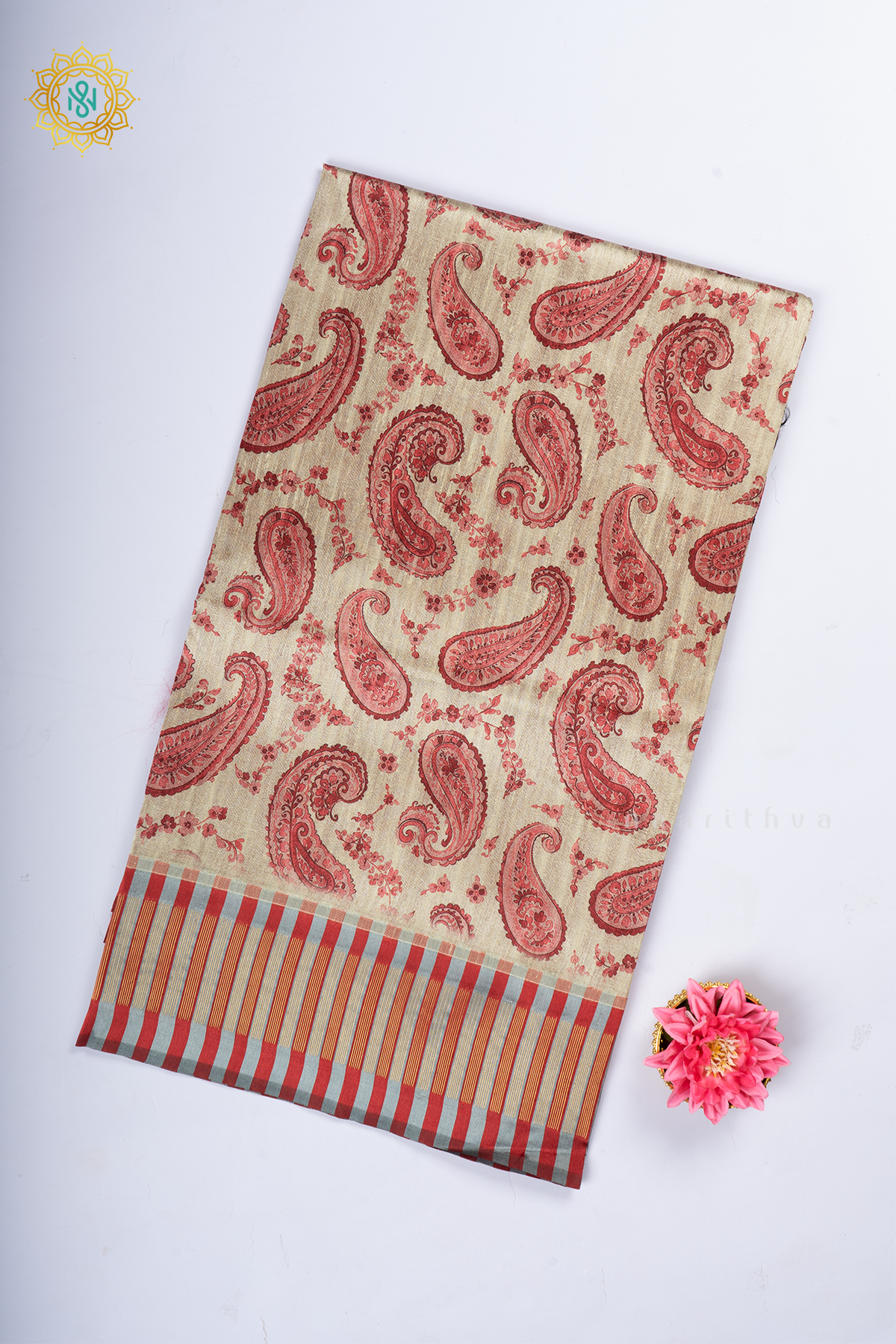Beige With Red Semi Tussar Silk With Printed Body With Zari Border & Pallu