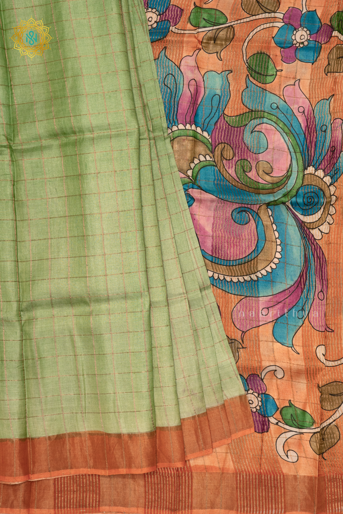 PISTA GREEN WITH PEACH - PURE TUSSAR SILK