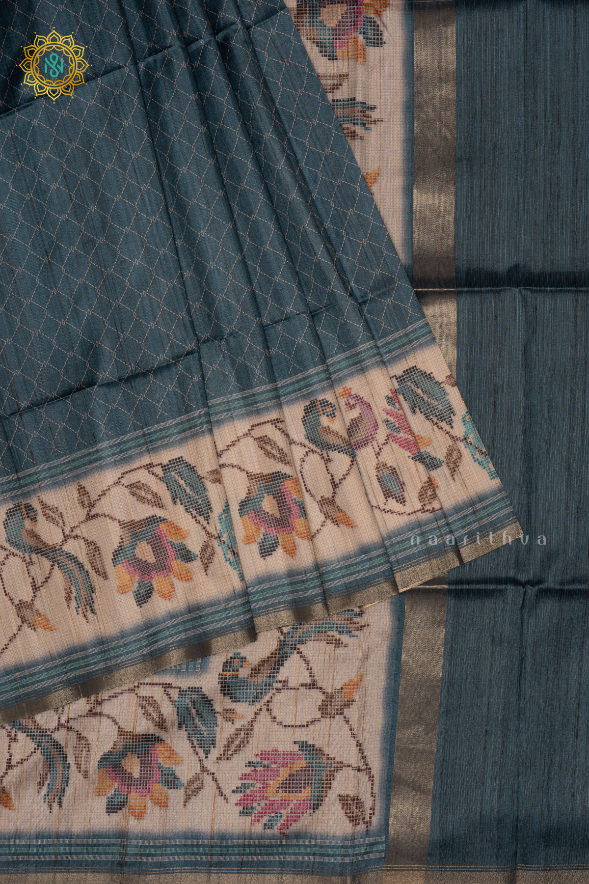Blue Semi Tussar Silk Saree With Printed Body And Printed Border