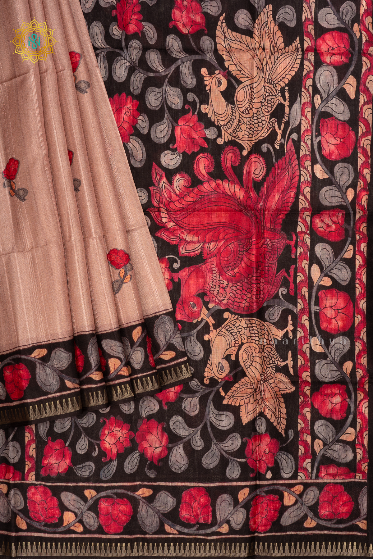 Beige Semi Tussar Silk Saree With Kalamkari Prints allover the body,Pallu and Zari Border