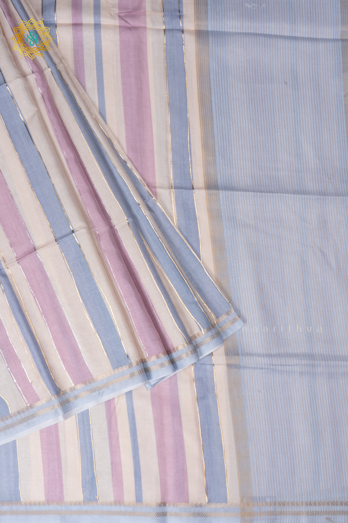 Blue With Lavender Semi Tussar Silk Saree With Vertical Stripes & Contrast Pallu