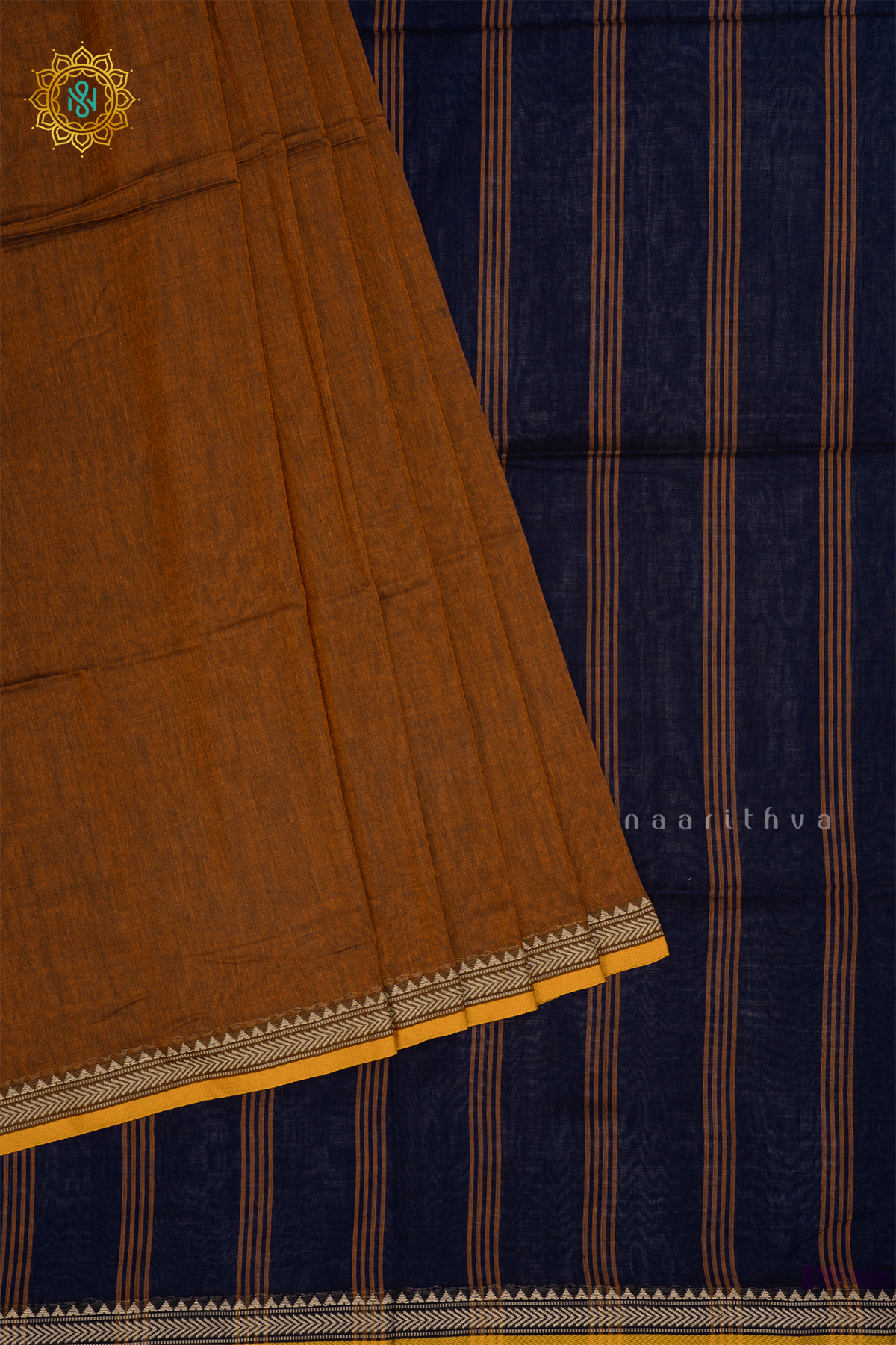 BROWN WITH BLUE - MUL COTTON PLAIN BODY WITH THREAD WOVEN BORDER