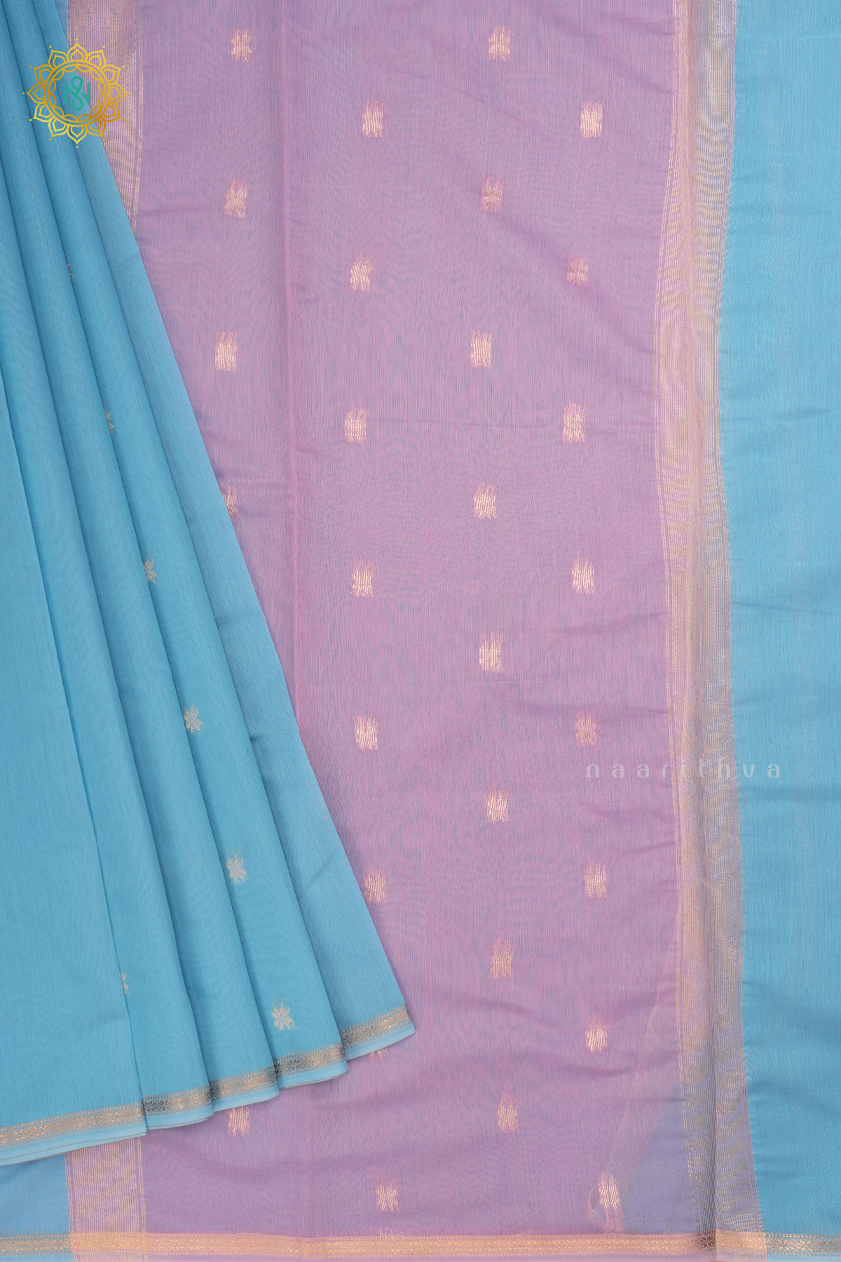 Blue With Lavender Silk Cotton Saree With Zari Woven Buttas And Contrast Zari Border