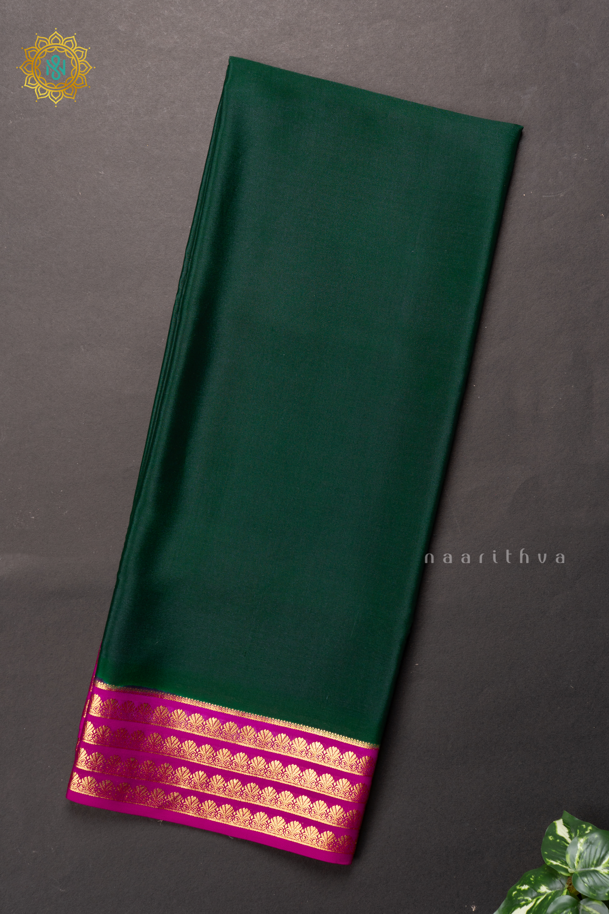 BOTTLE GREEN WITH PINK - PURE MYSORE CREPE SILK