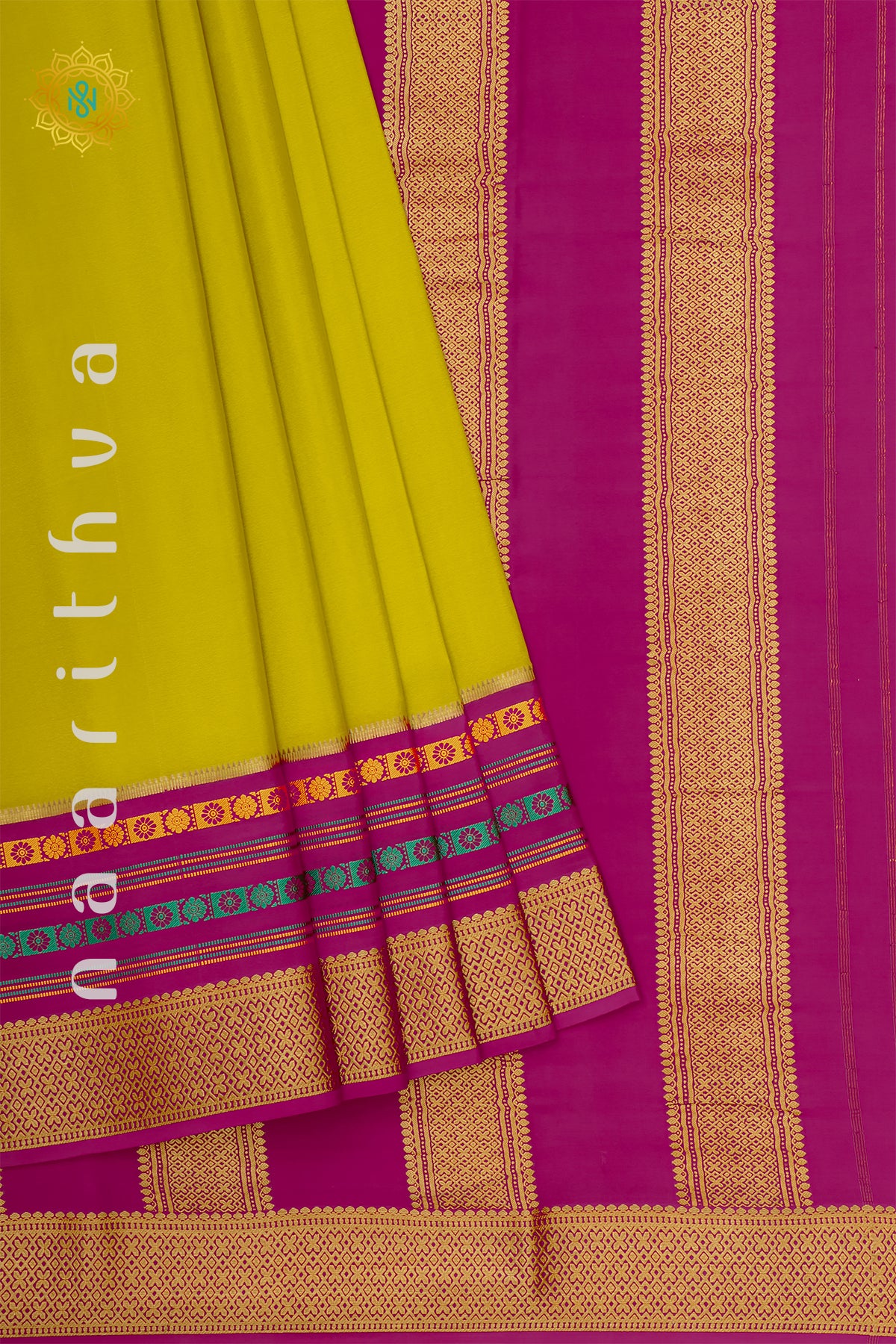 PARROT GREEN WITH PINK - PURE MYSORE CREPE SILK