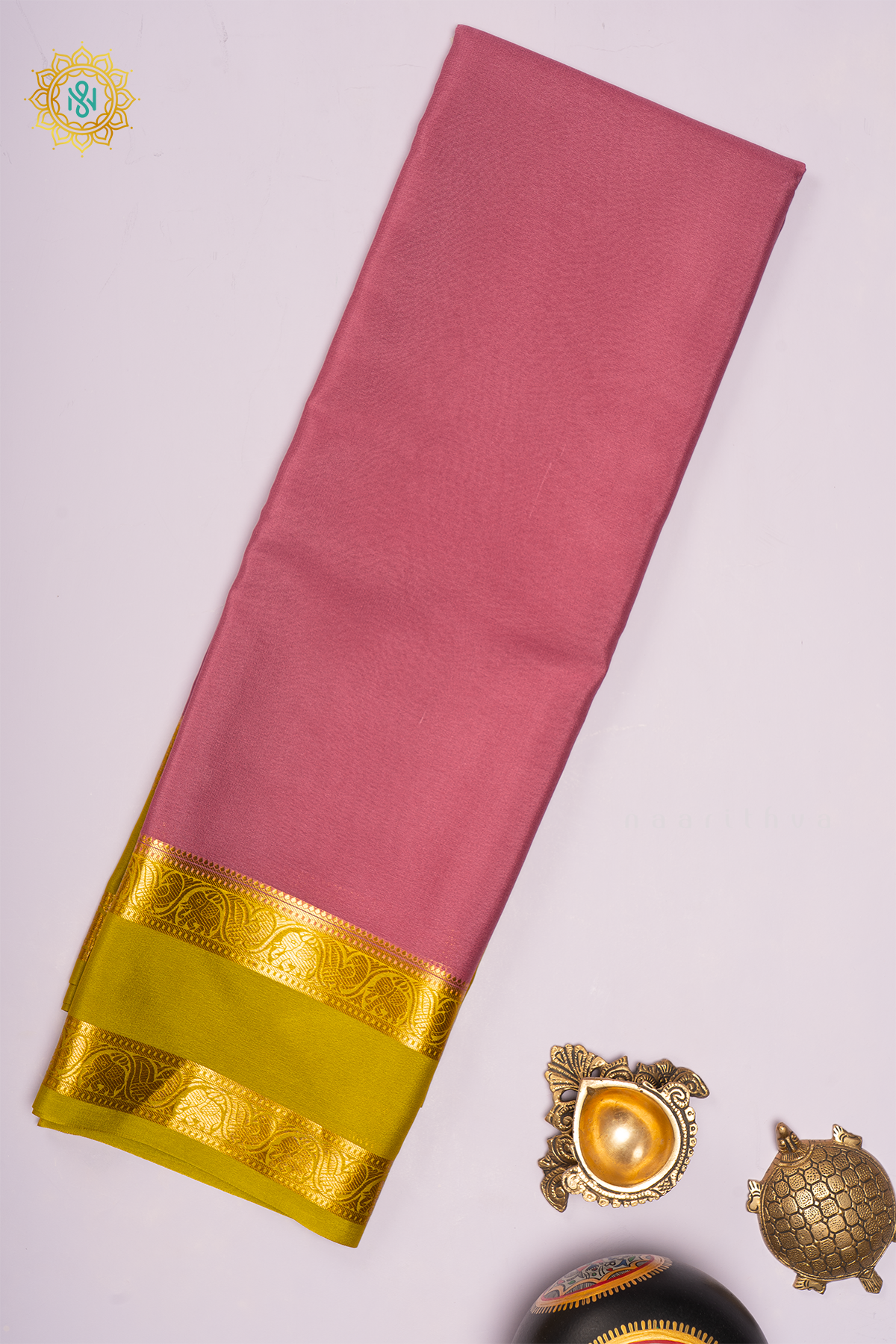 ROUGE PINK WITH LIME GREEN - PURE MYSORE CREPE SILK