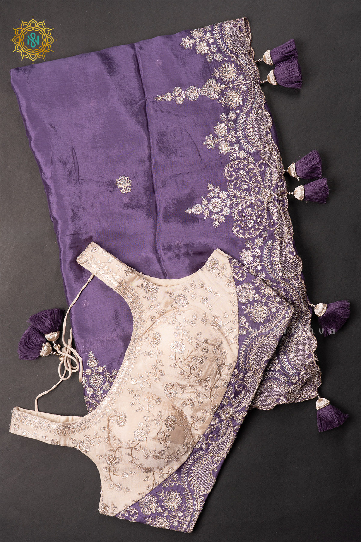 LAVENDER WITH WHITE - CREPE PARTY WEAR SAREE WITH READYMADE BLOUSE