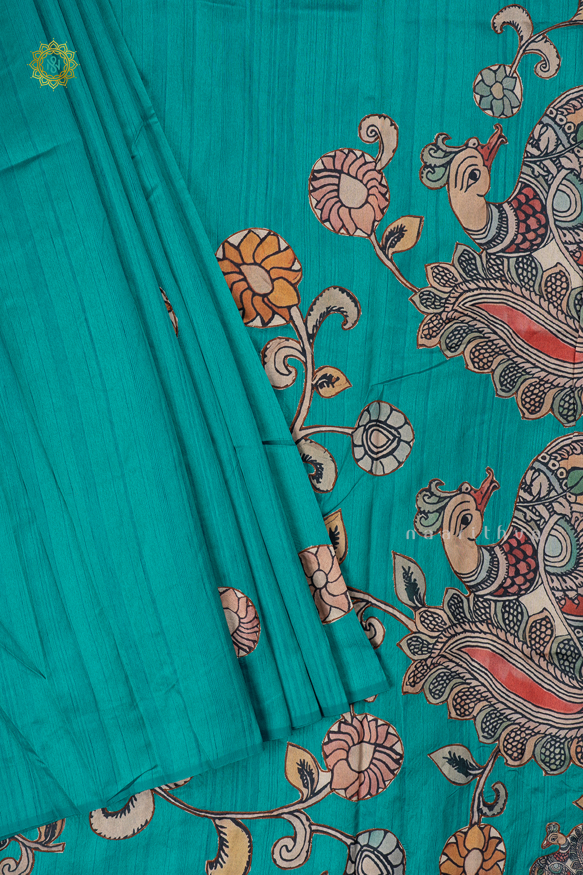 AQUA BLUE - SEMI TUSSAR WITH APPLIQUE WORK
