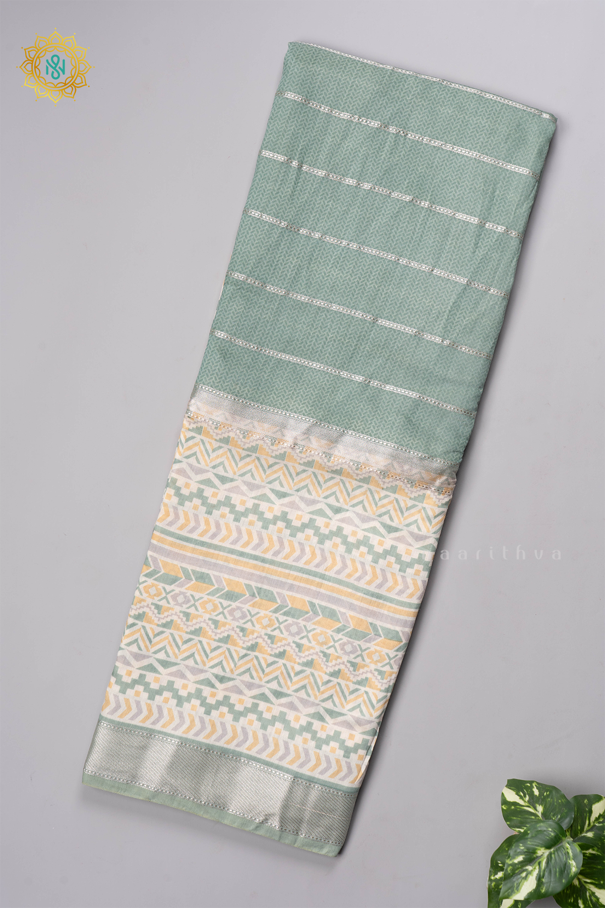 AQUA GREEN WITH OFF WHITE - BUTTER CREPE
