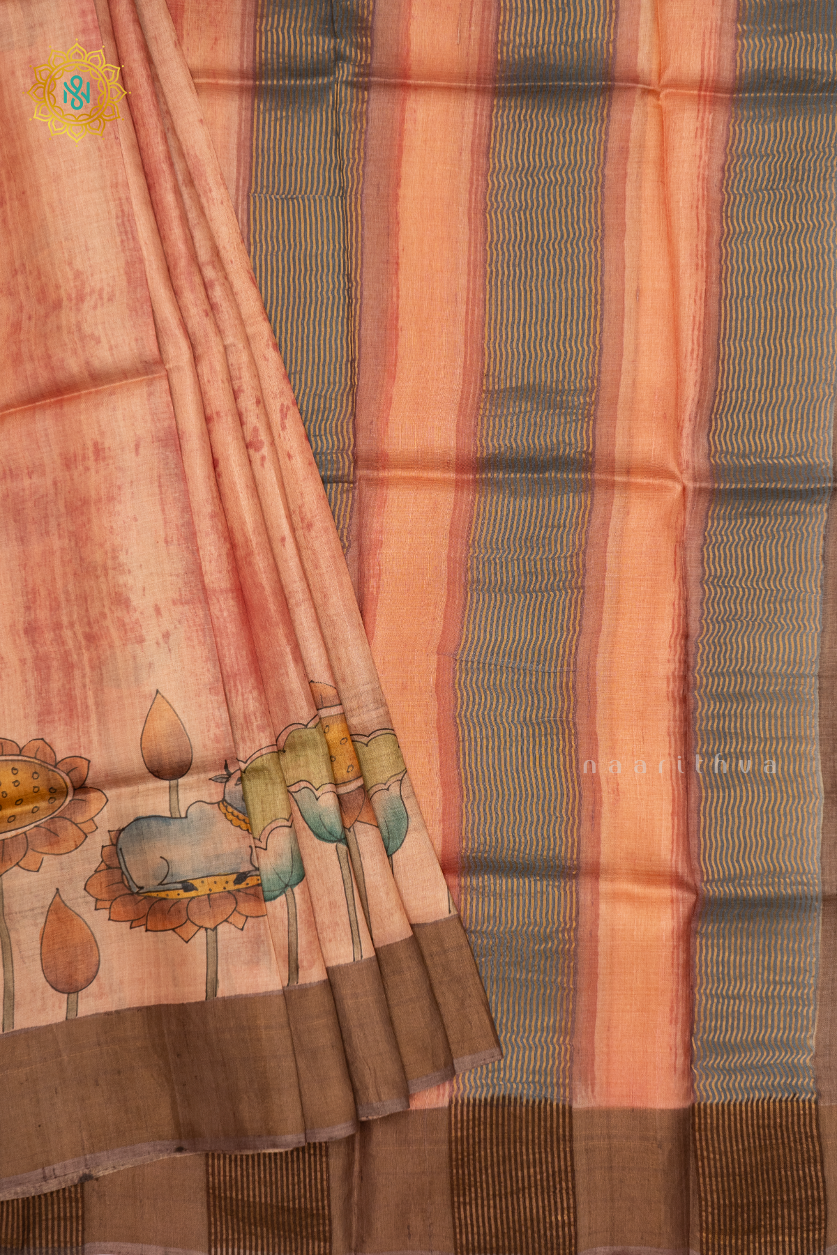 PEACHISH WITH YELLOW - PURE TUSSAR SILK