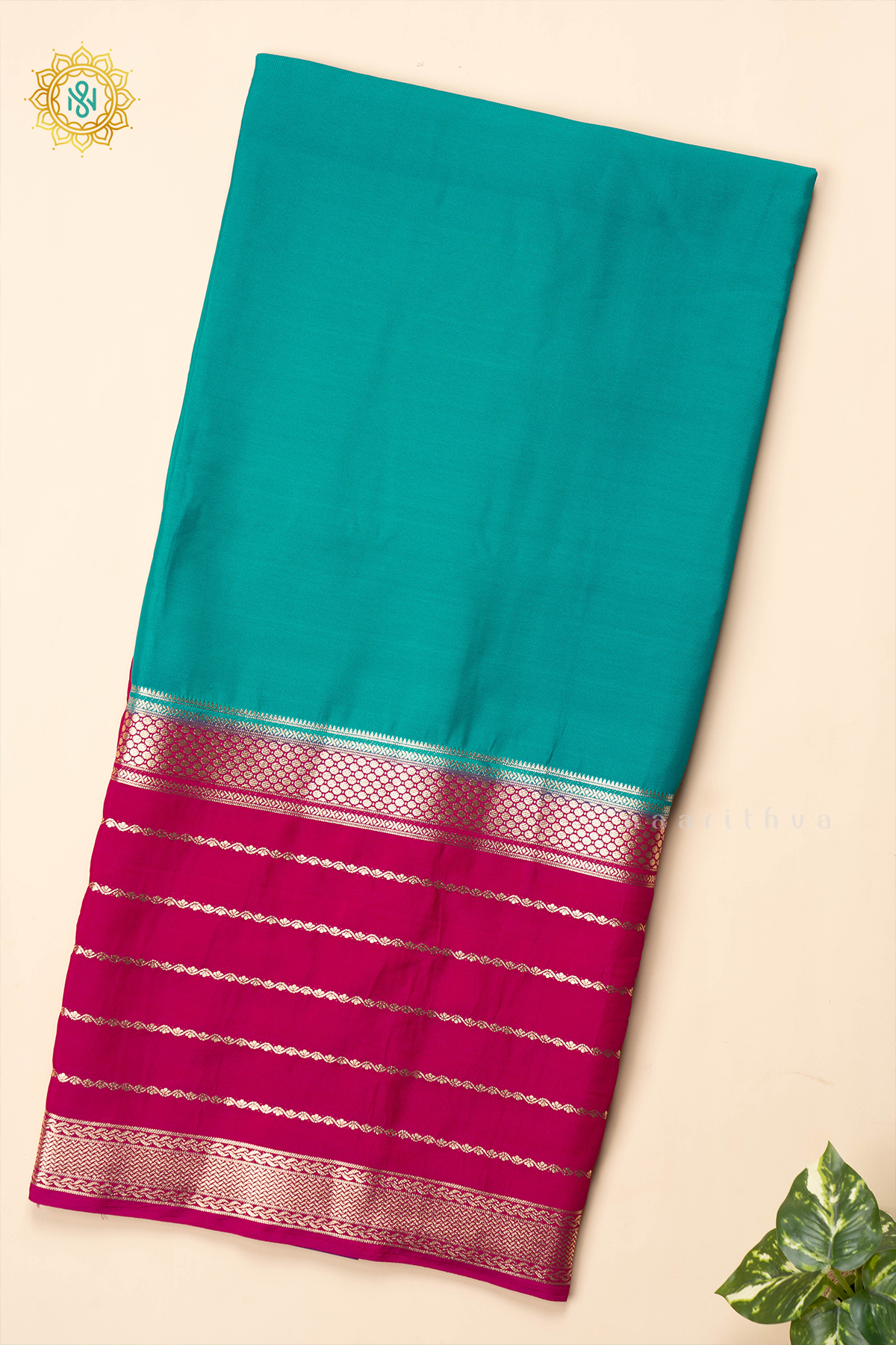 CYAN GREEN WITH PINK - SEMI MYSORE CREPE SILK