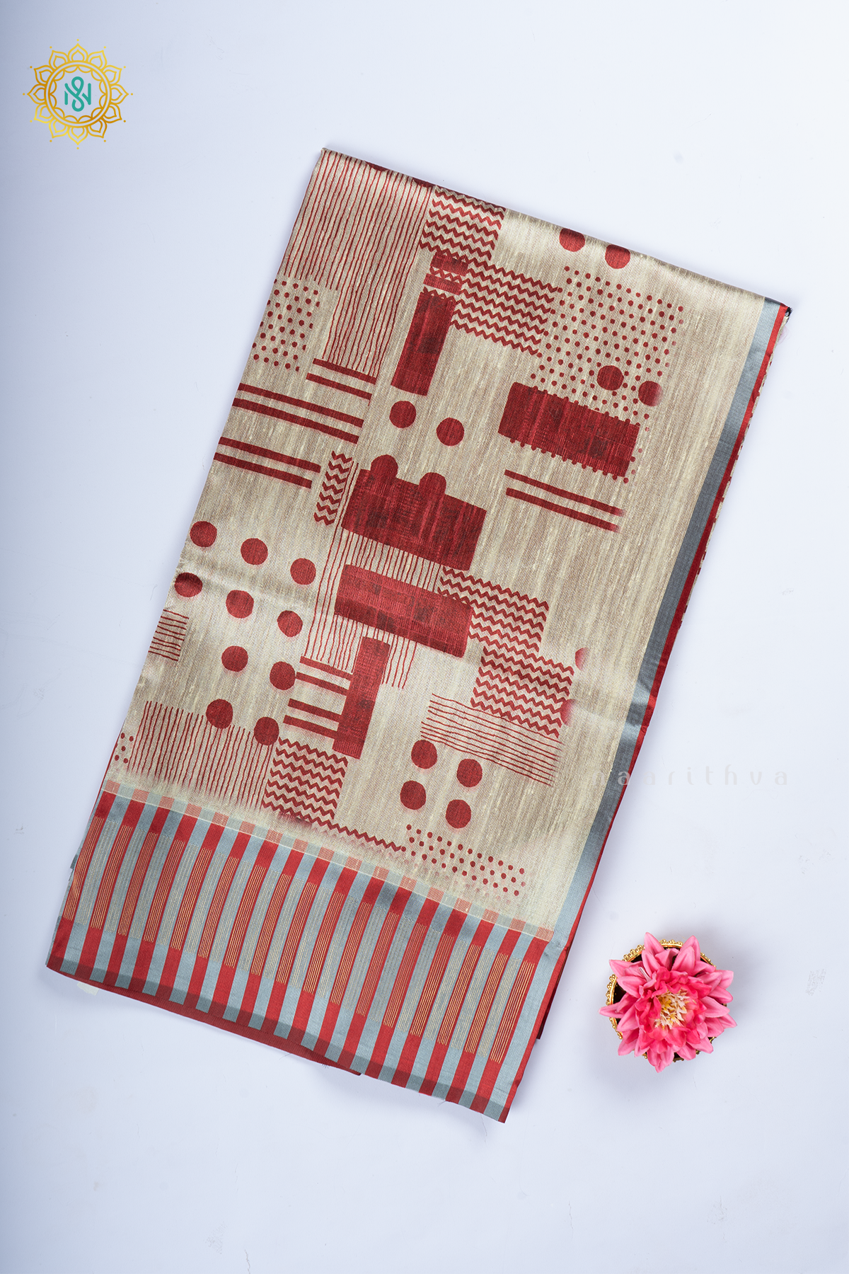 Beige With Red Semi Tussar Silk With Printed Body With Zari Border & Pallu