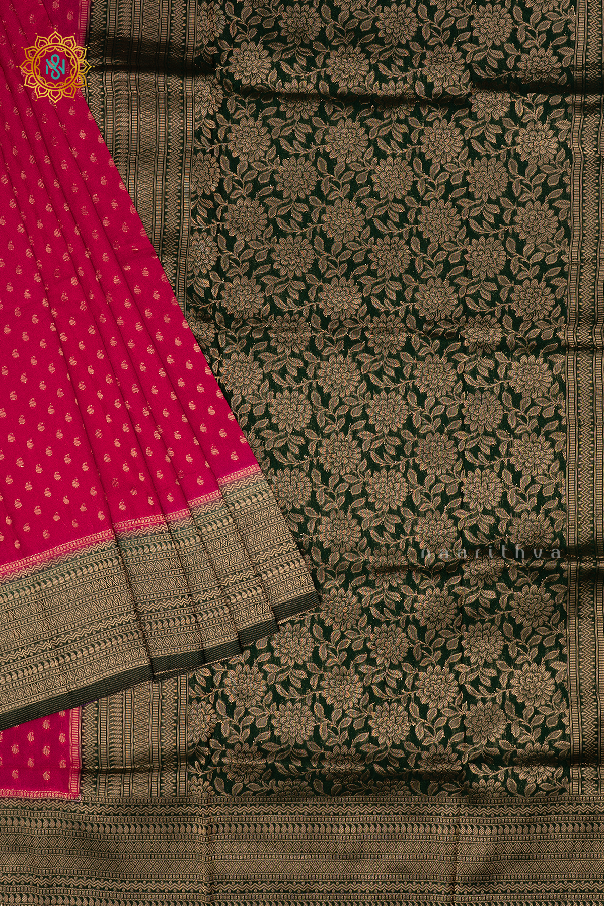 Rani Pink with Bottle Green Semi-Crepe Georgette Saree with Zari Buttas on the Body and a Contrast Zari Border