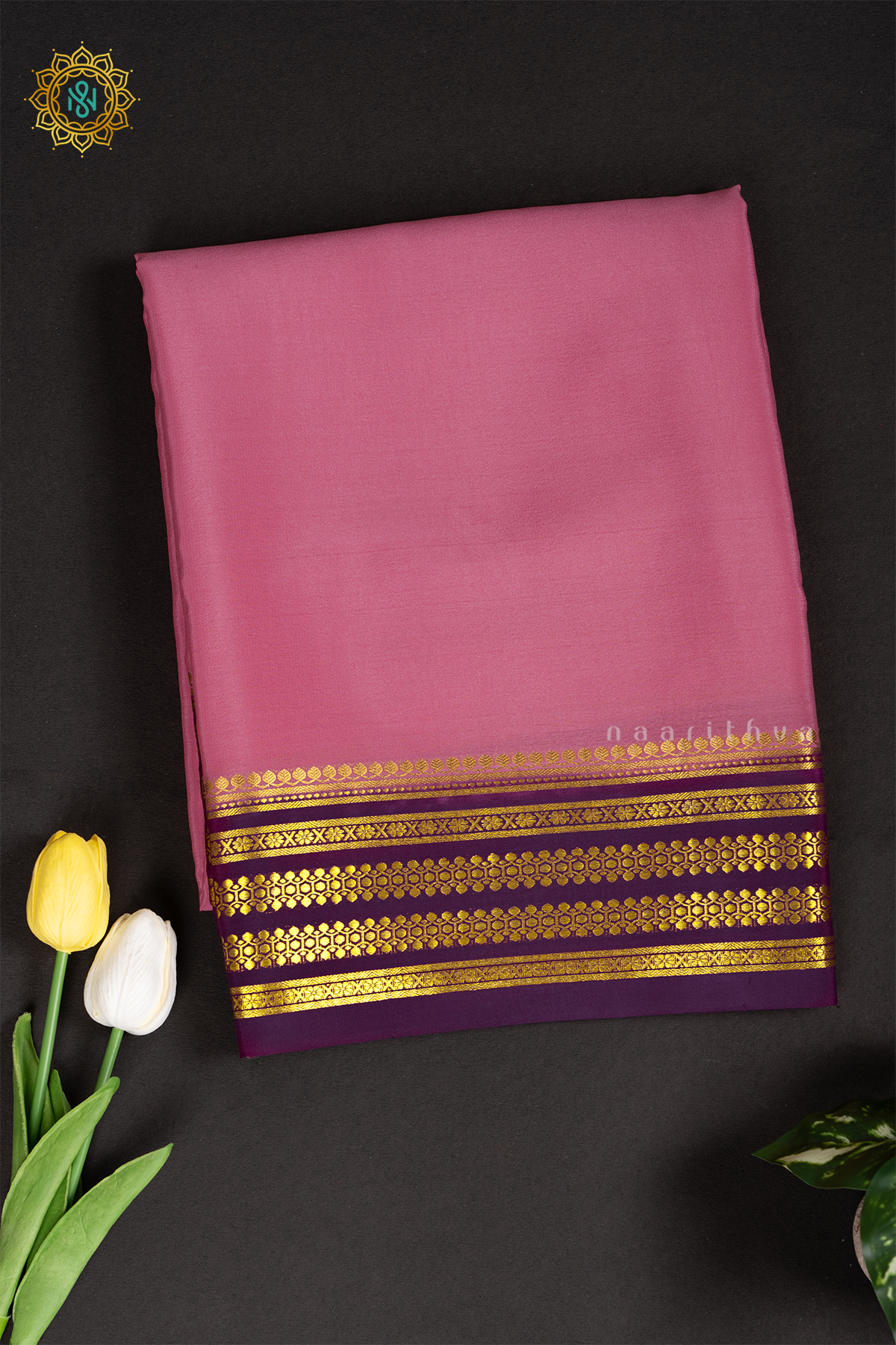 LIGHT PINK WITH WINE - PURE MYSORE CREPE SILK