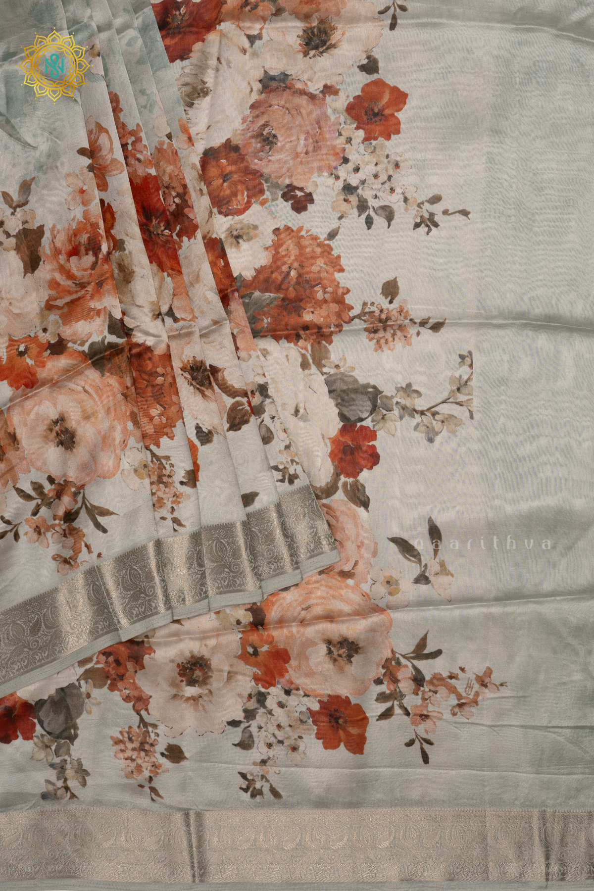 Light Blue Organza Crepe Saree With Floral Prints On The Body And Zari Border