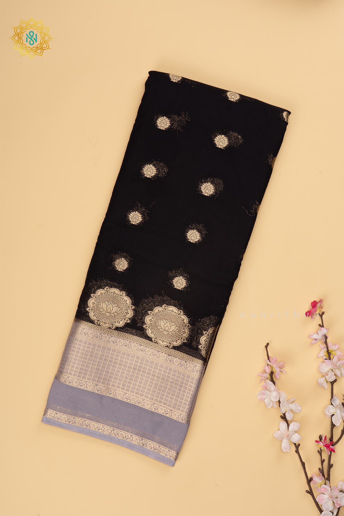 Black with Grey Semi Chiffon Georgette Saree with Allover Zari Buttas and Zari Checks Border