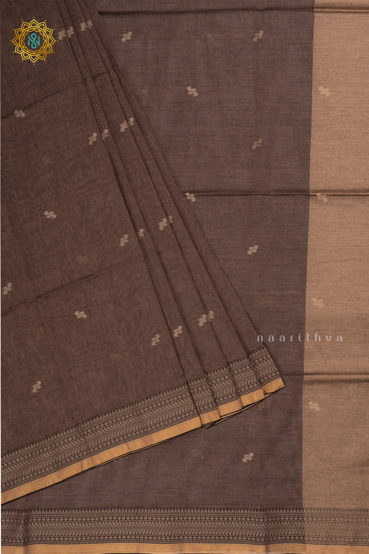 Ash Brown Mul Cotton Saree Thread Woven Buttas On The Body With Thread and Zari Woven Border