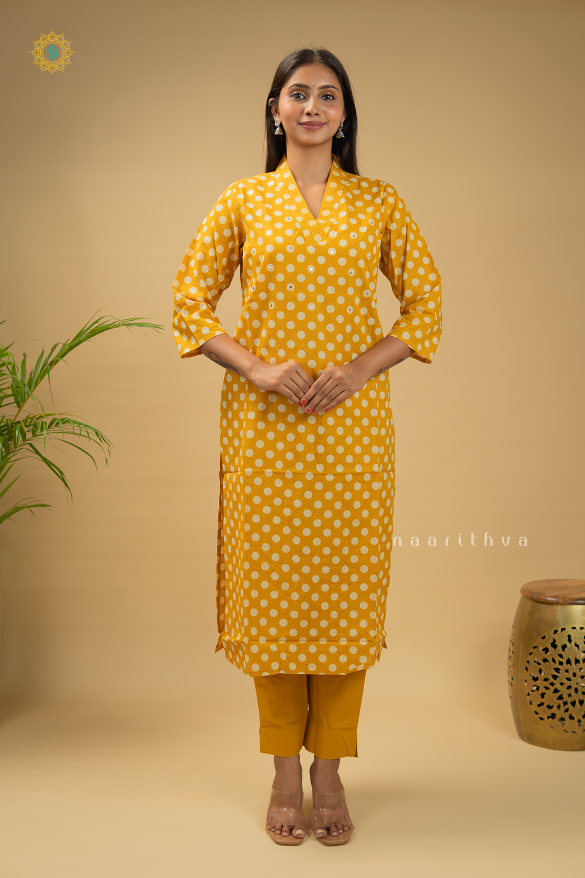 YELLOW - COTTON 2PC SALWAR SUIT WITH POLKA DOTS, TOP & BOTTOM