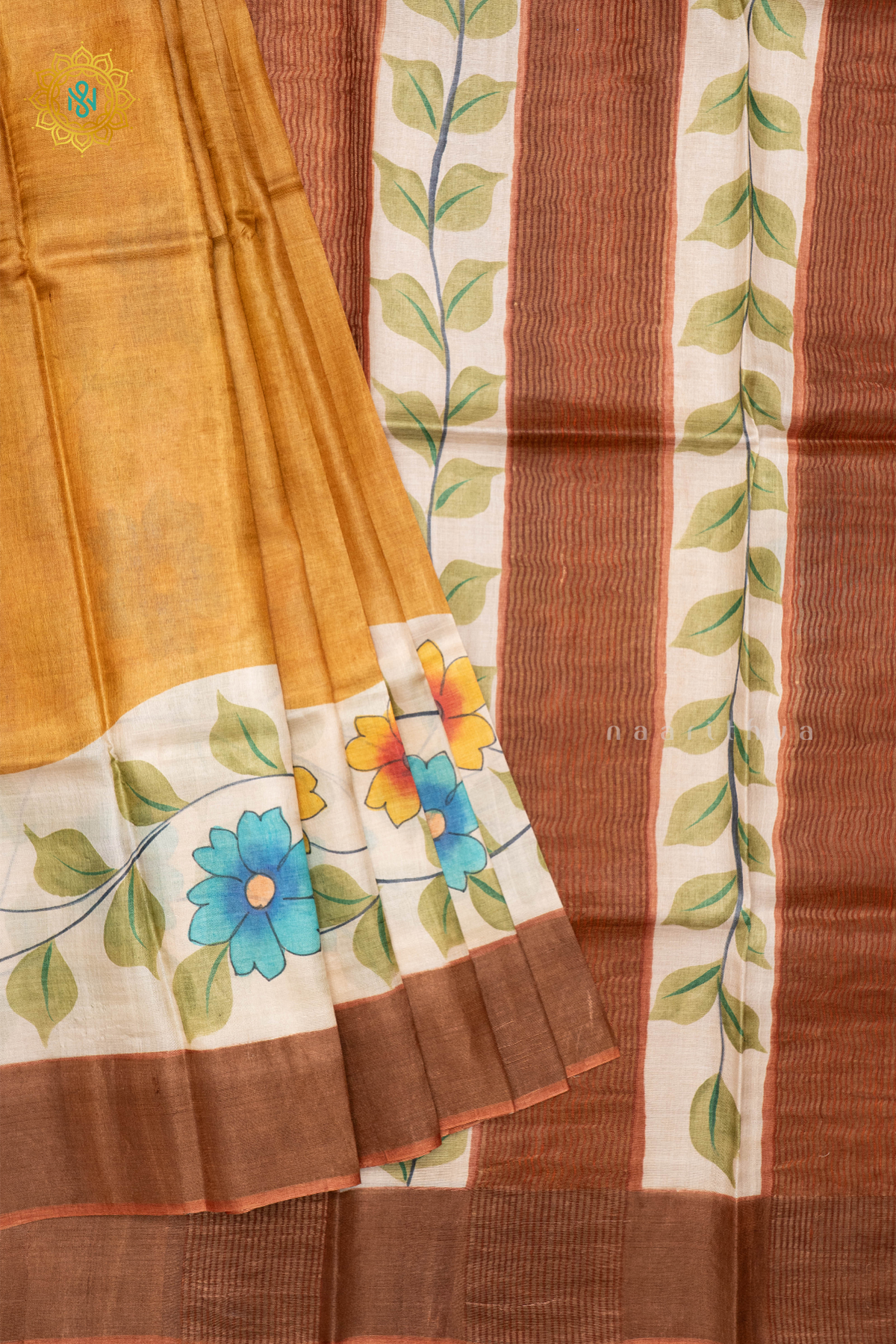 MUSTARD WITH PEACH - PURE TUSSAR SILK WITH HAND PAINTED