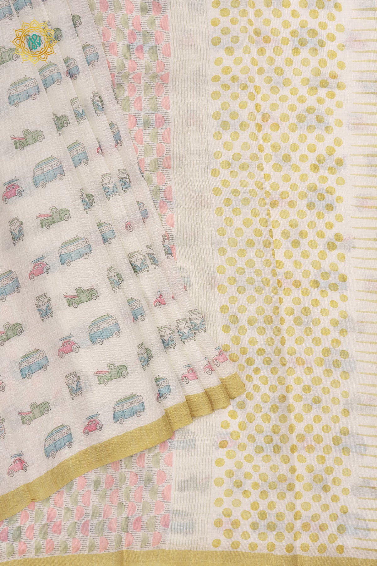 White with Yellow Linen Cotton Saree with Allover Pastel Vintage Vehicle Prints and Contrast Border