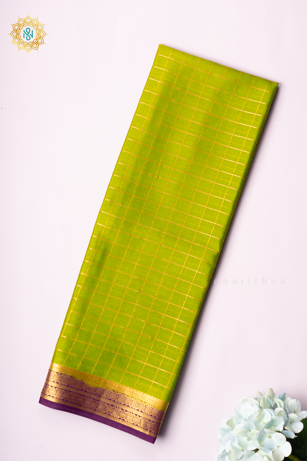 PARROT GREEN WITH PURPLE - PURE MYSORE CREPE SILK