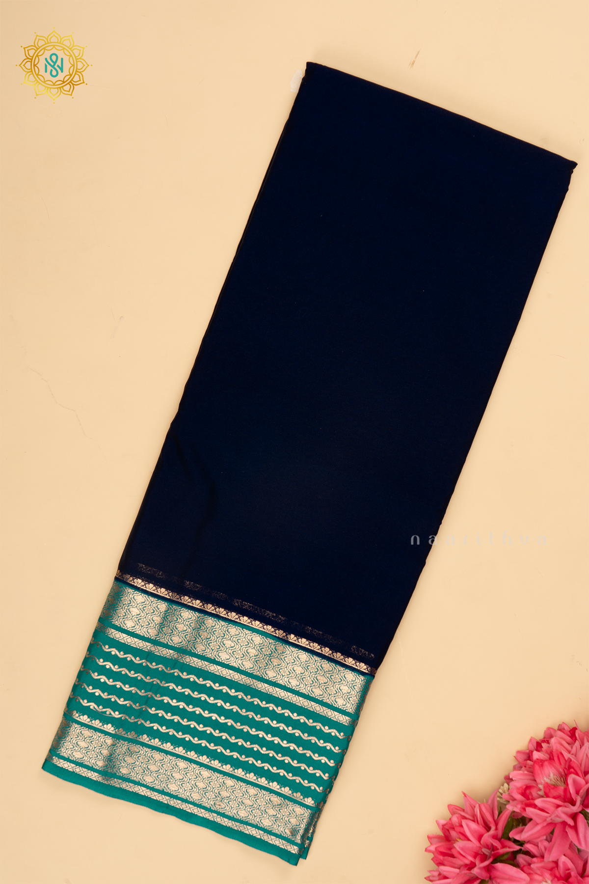 Peacock Blue with Aqua Blue - Semi Crepe Silk Saree with Allover Plain Body with Contrast Zari Border, Pallu and Blouse