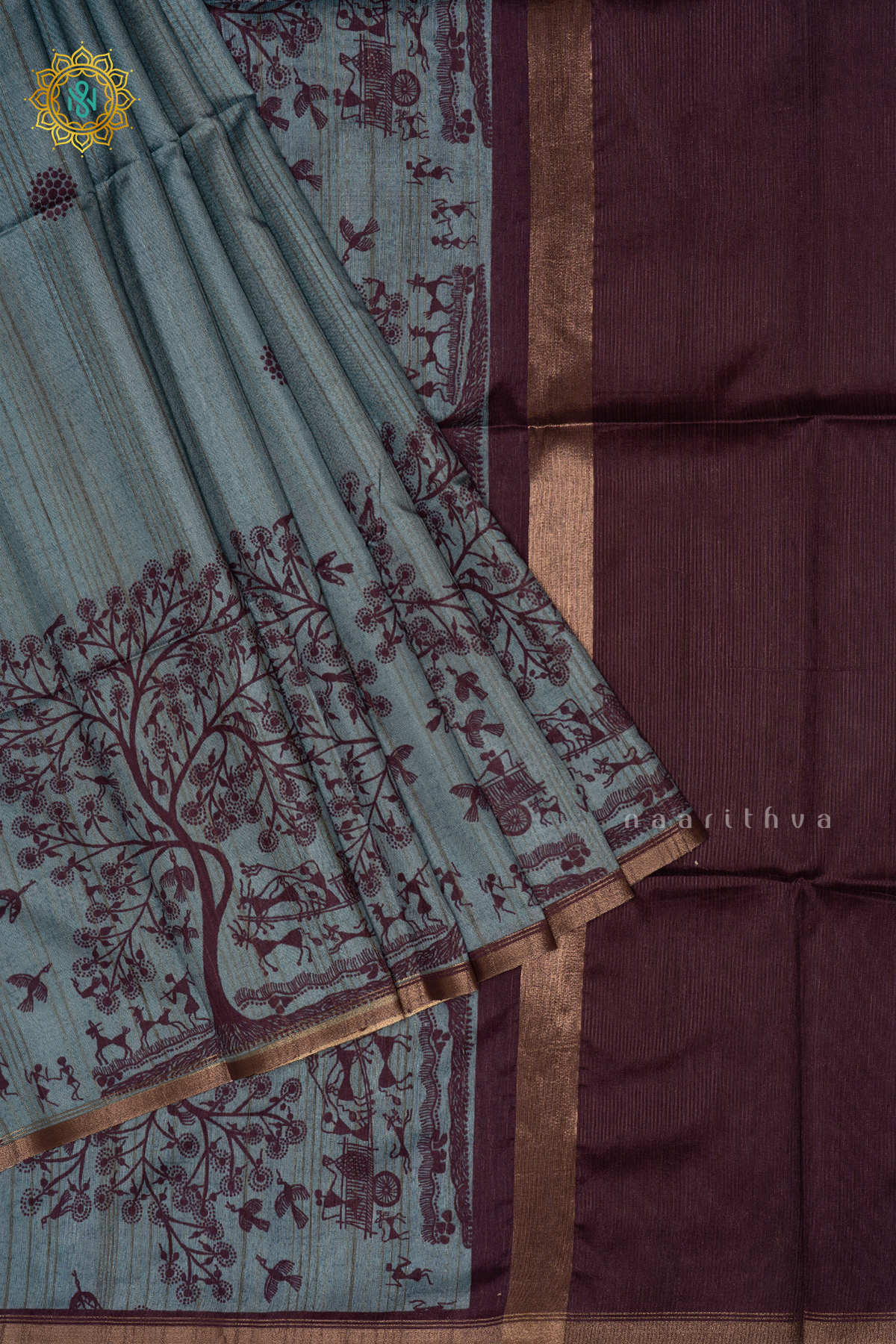 Blue Semi Tussar Silk Saree With Printed Body And Contrast Border