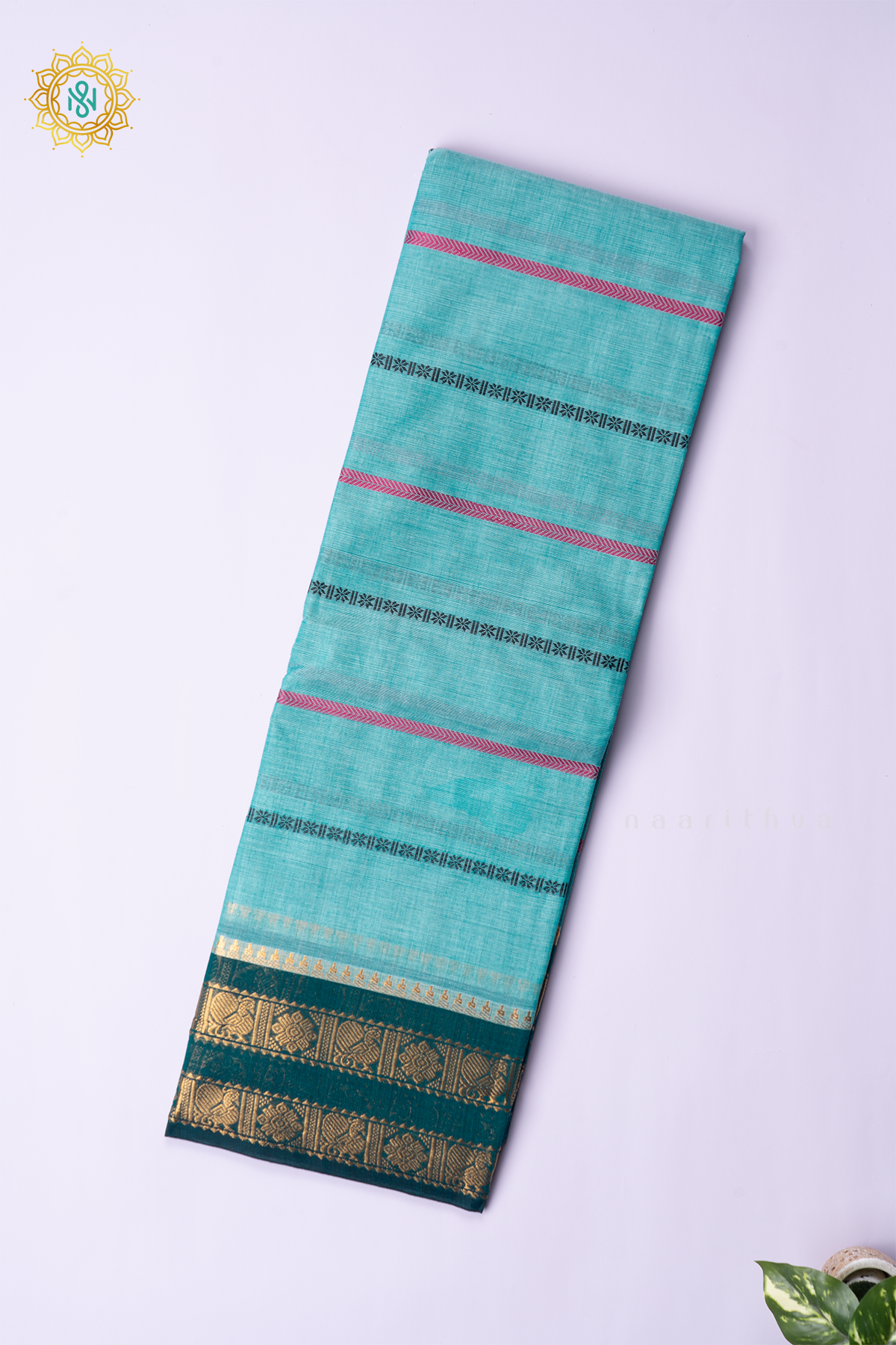AQUA BLUE WITH PEACOCK GREEN - CHETTINAD COTTON