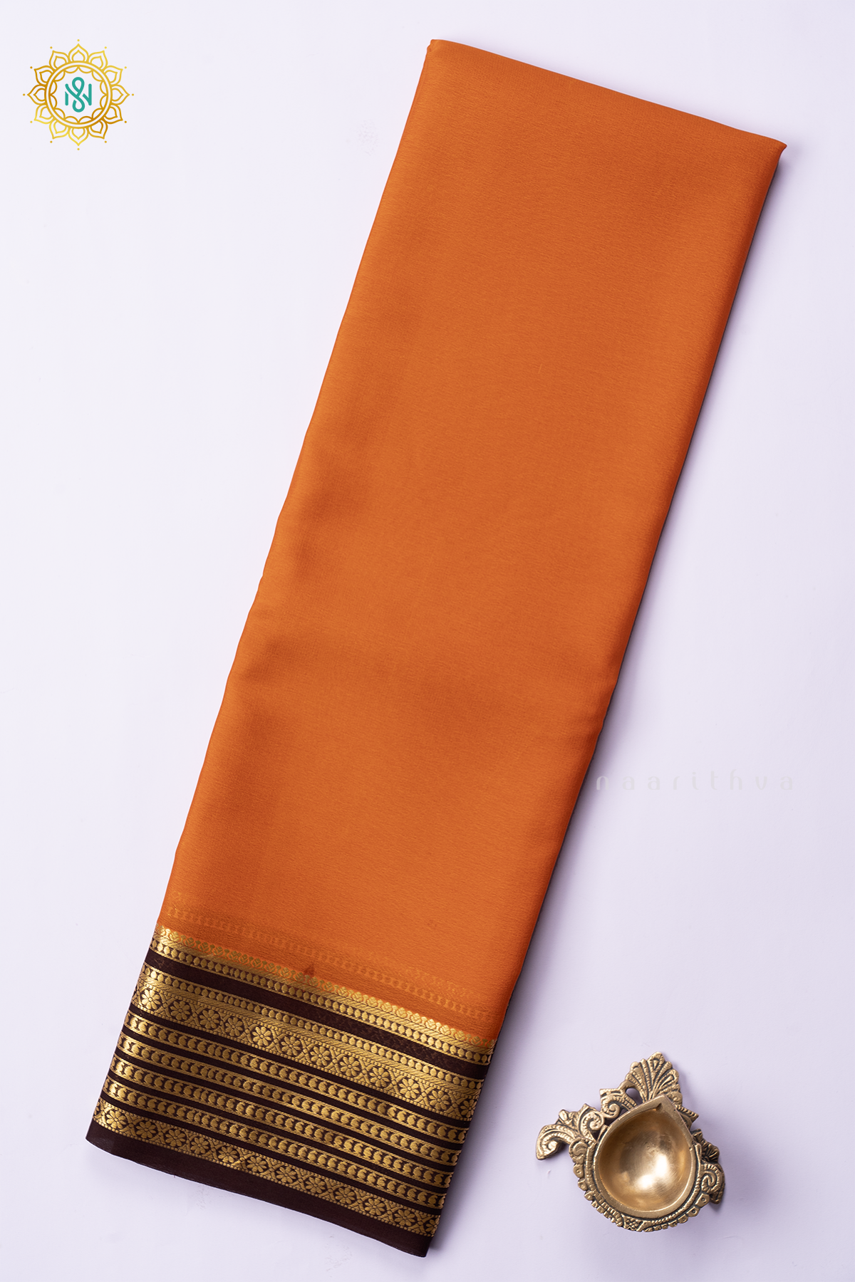 ORANGE WITH BROWN - PURE MYSORE CREPE SILK