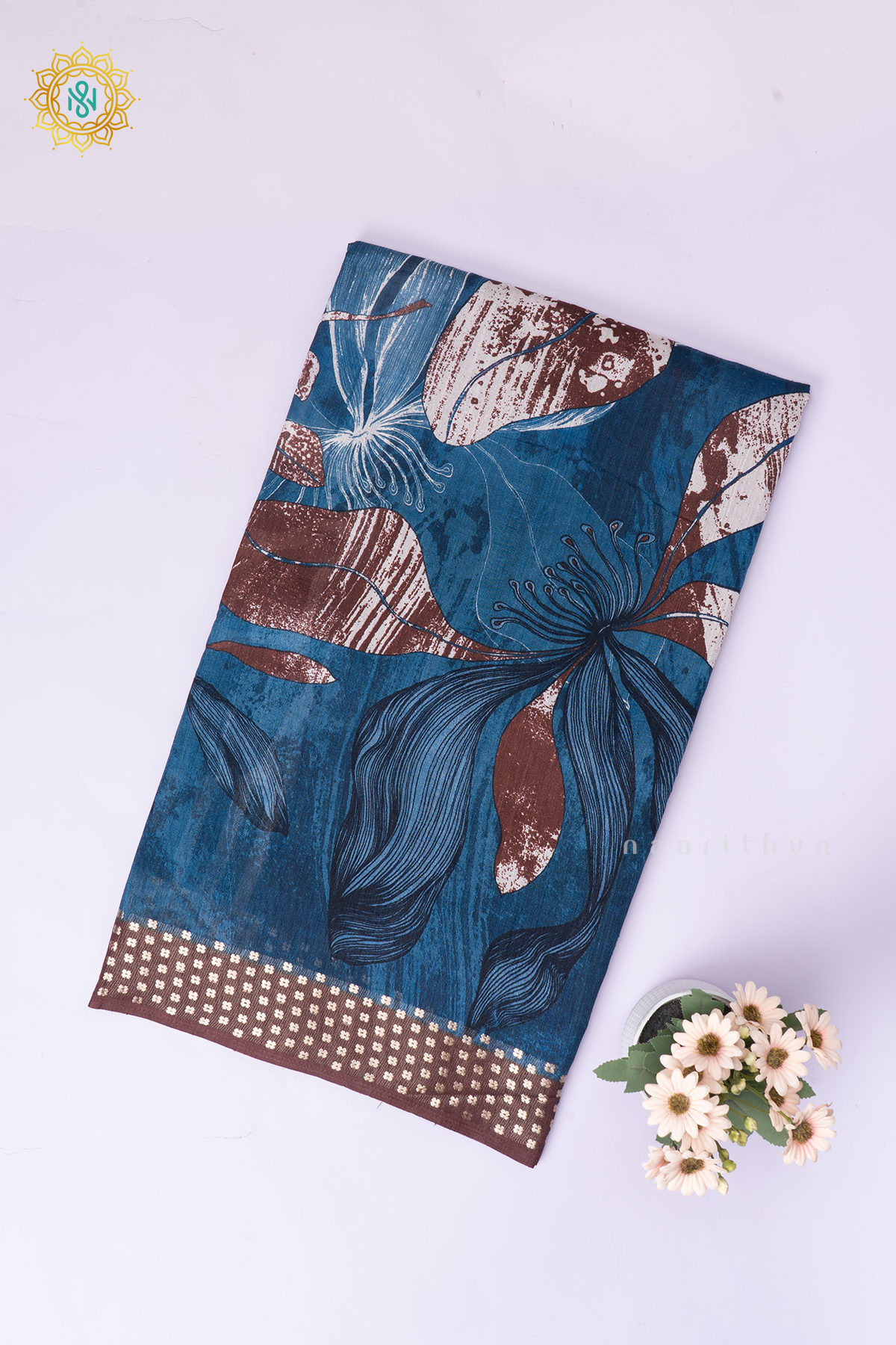 Blue With Brown Semi Cotton Tussar Saree with Printed Body & Contrast Pallu