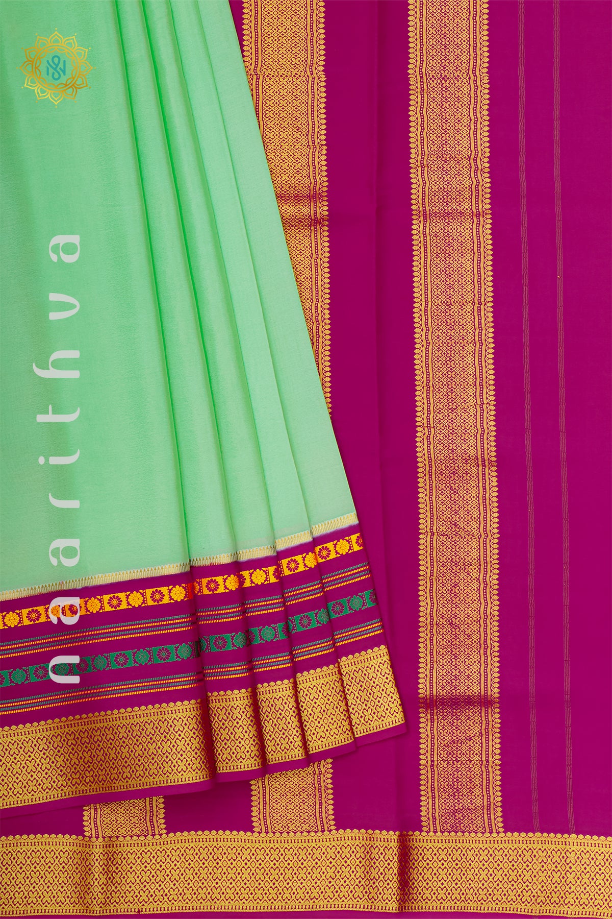 MINT GREEN WITH PINK - PURE MYSORE CREPE SILK