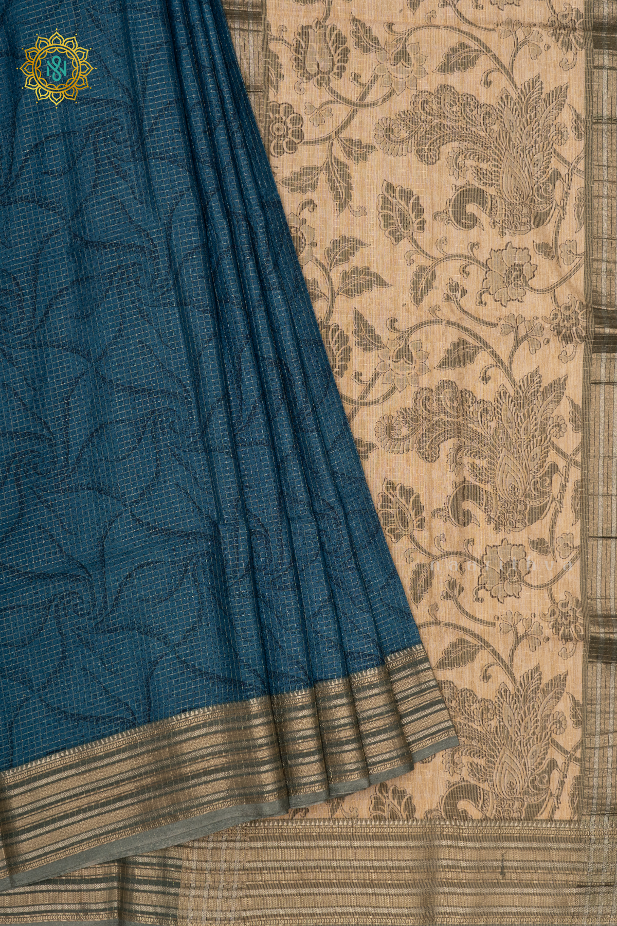 SKY BLUE WITH BEIGE - SEMI CREPE SILK