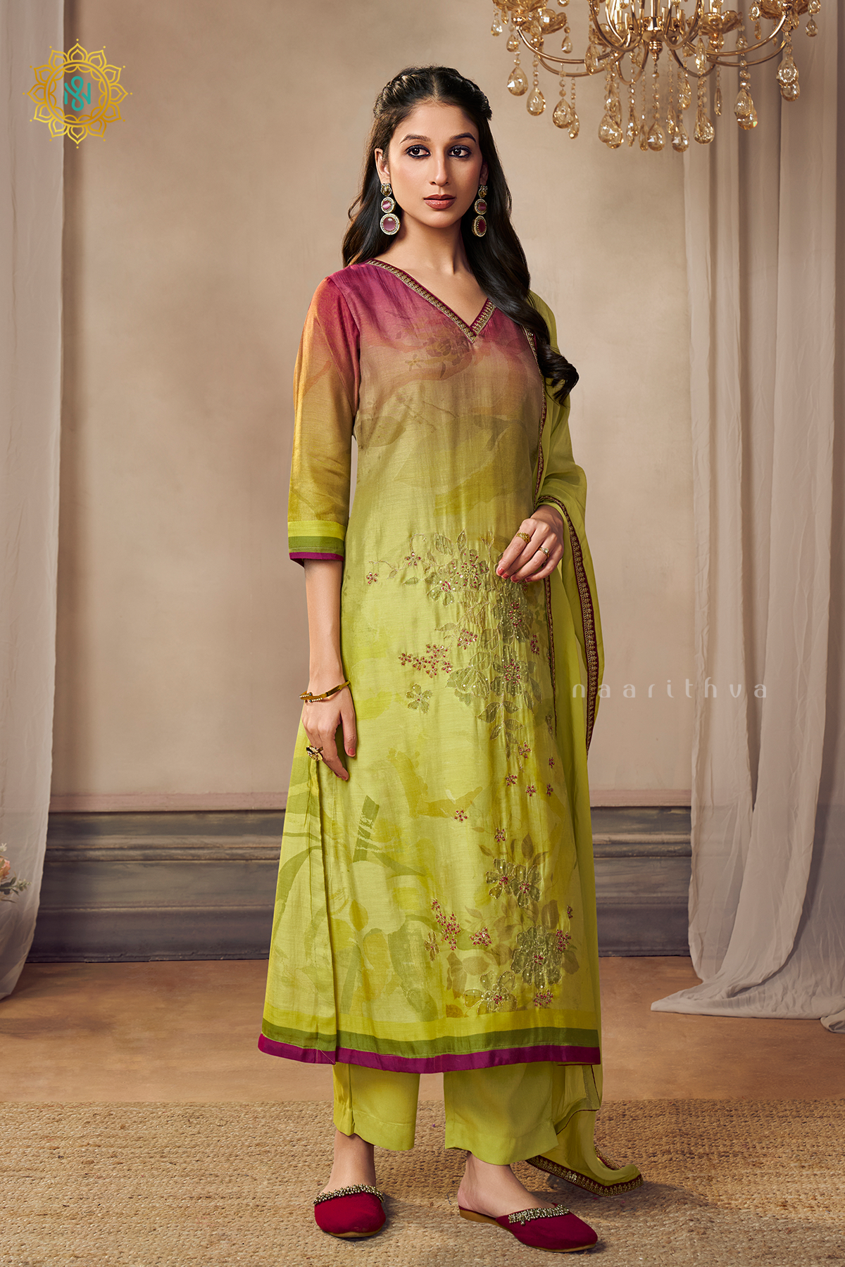 LIGHT PINK WITH LIME GREEN - CREPE 3PC SALWAR SUIT WITH TOP, BOTTOM & DUPATTA