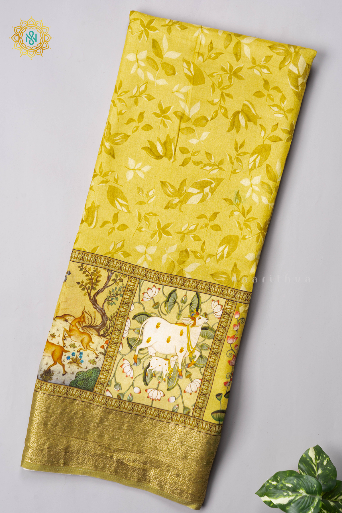 Yellow Semi Crepe Silk Saree With Printed Body And Pichwai Zari Border